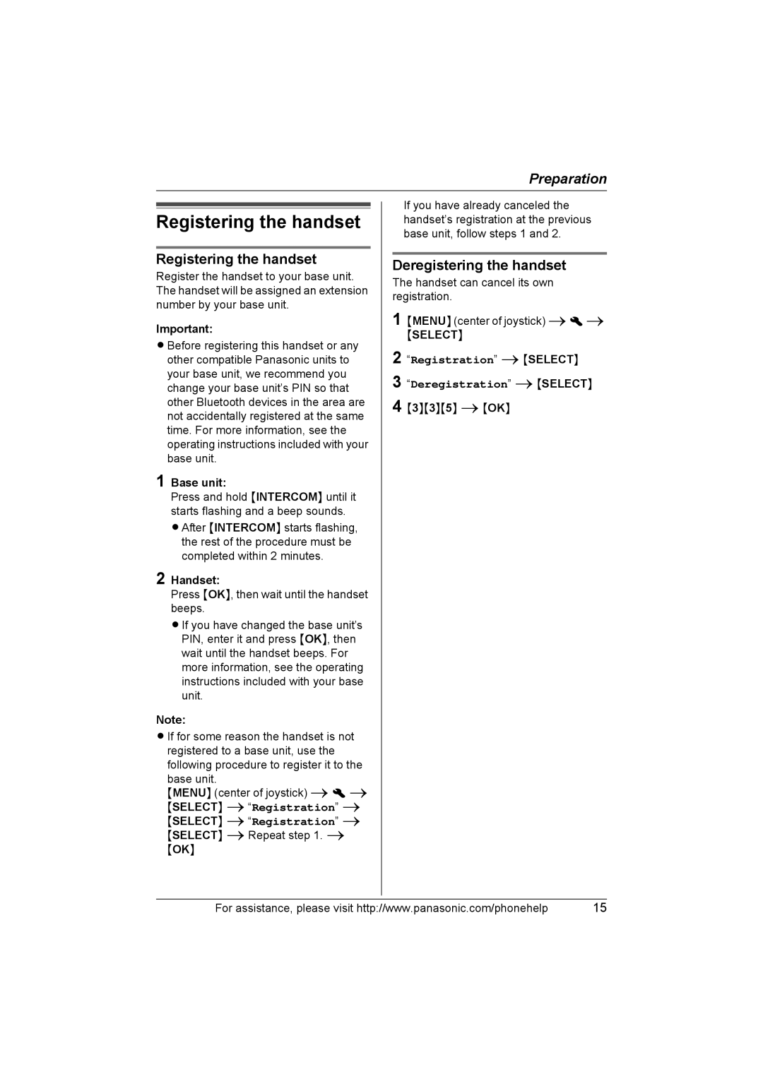 Panasonic KX-THA11 operating instructions Registering the handset, Deregistering the handset, Registration iSELECT 