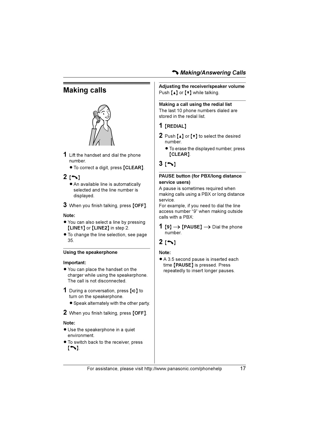 Panasonic KX-THA11 Making calls, Using the speakerphone, Redial, Pause button for PBX/long distance service users 