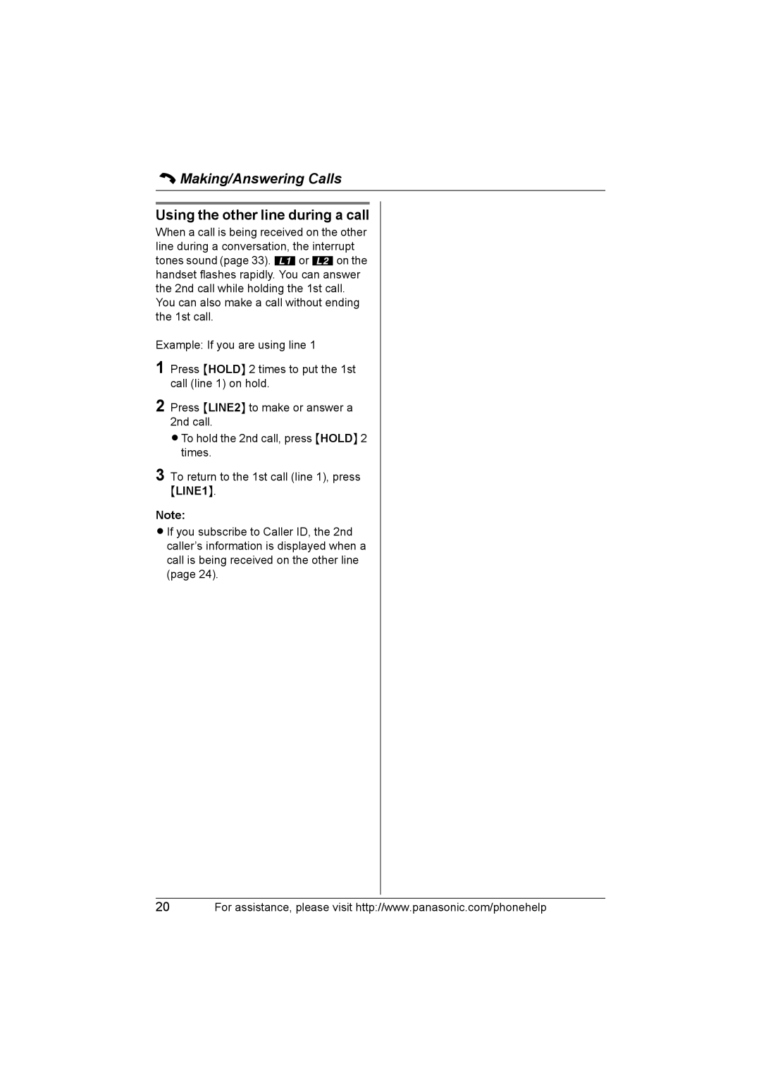 Panasonic KX-THA11 operating instructions Using the other line during a call 