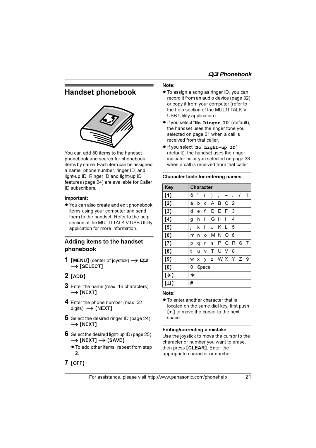 Panasonic KX-THA11 operating instructions Handset phonebook, Adding items to the handset phonebook 