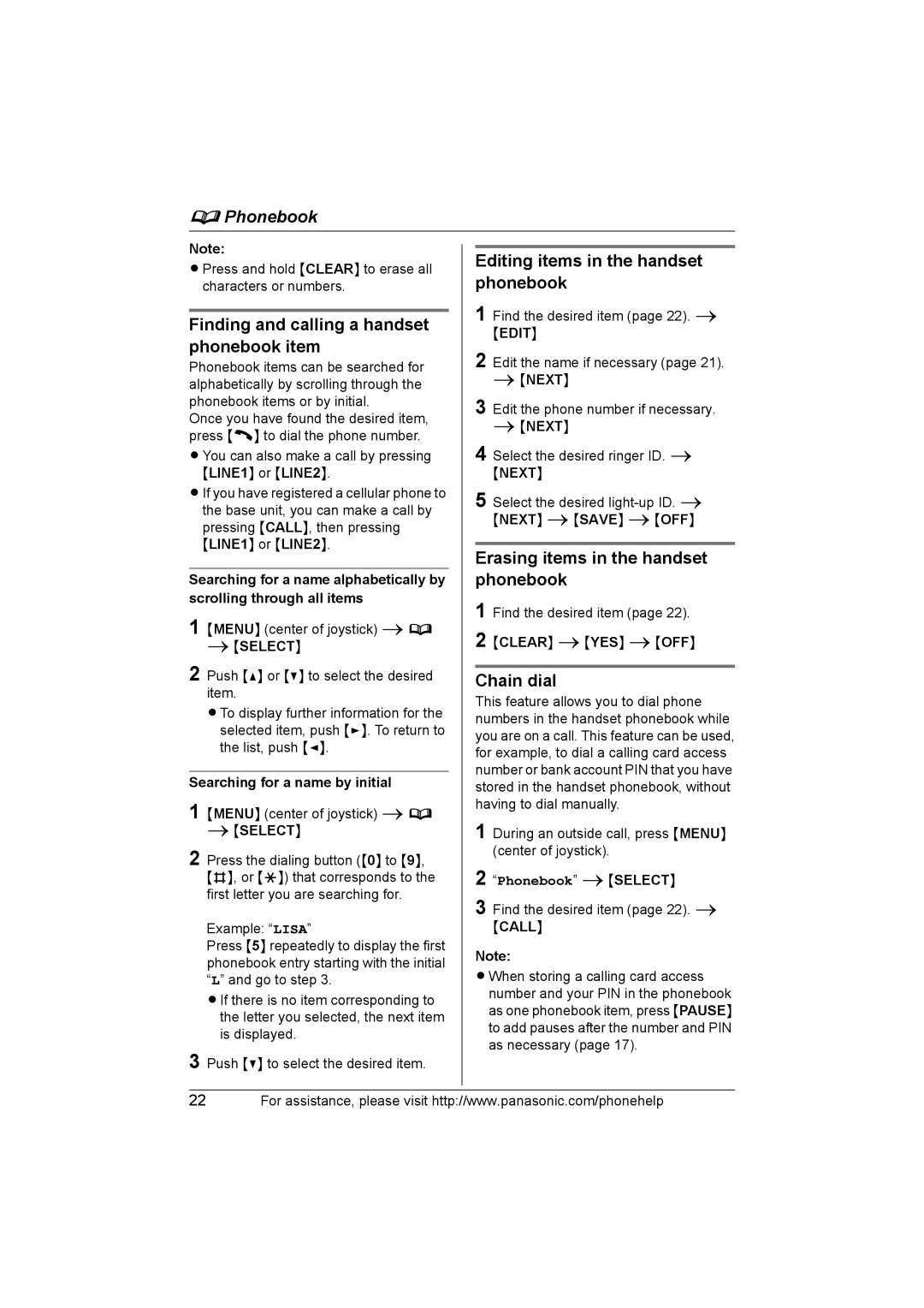 Panasonic KX-THA11 Finding and calling a handset phonebook item, Editing items in the handset phonebook, Chain dial 