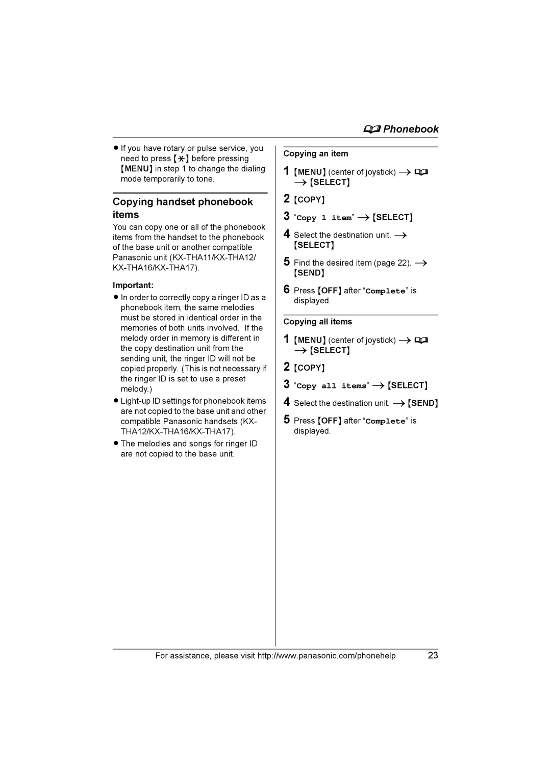 Panasonic KX-THA11 operating instructions Copying handset phonebook items, Copy 1 item iSELECT, Copy all items iSELECT 