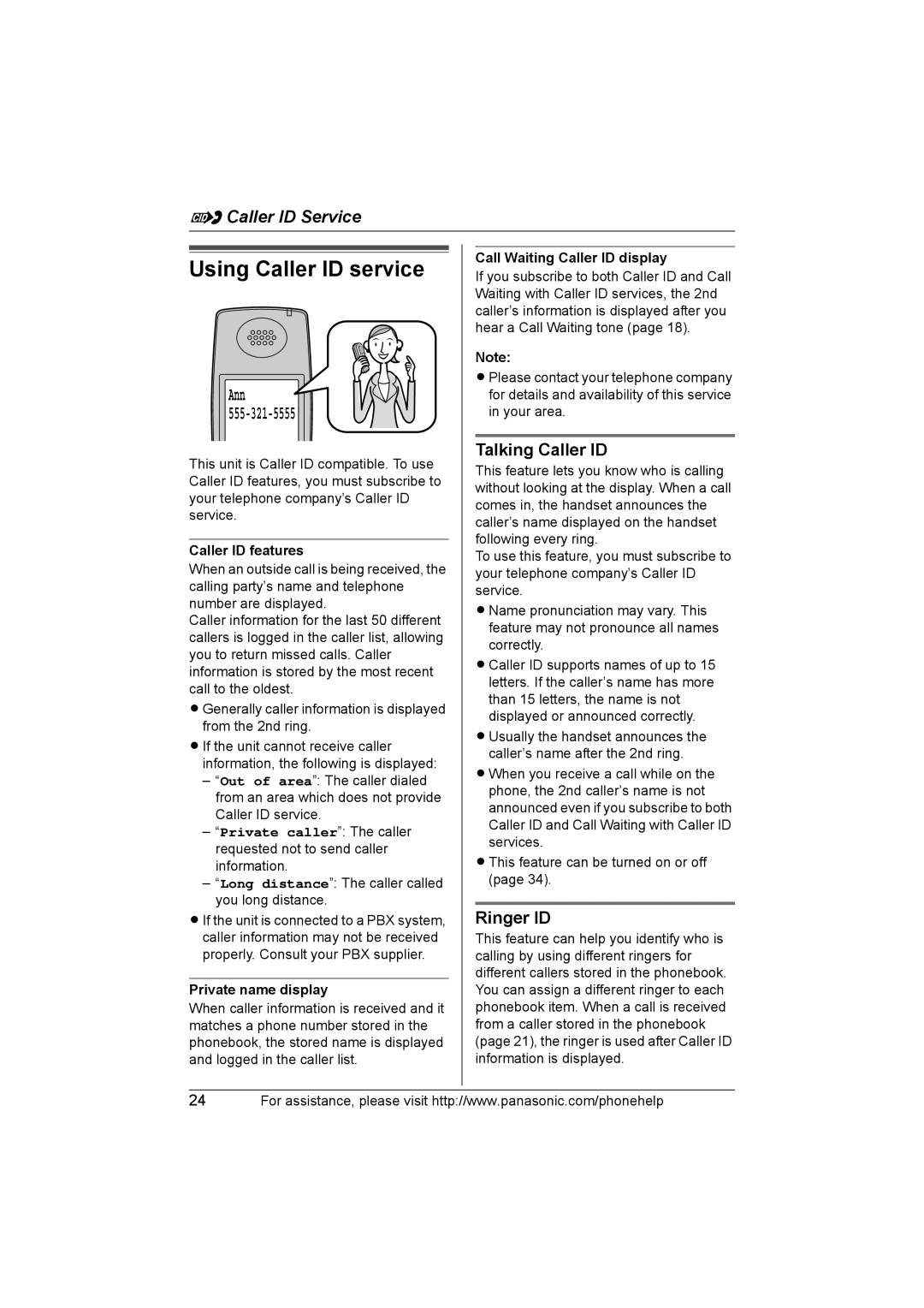 Panasonic KX-THA11 operating instructions Using Caller ID service, Talking Caller ID, Ringer ID 