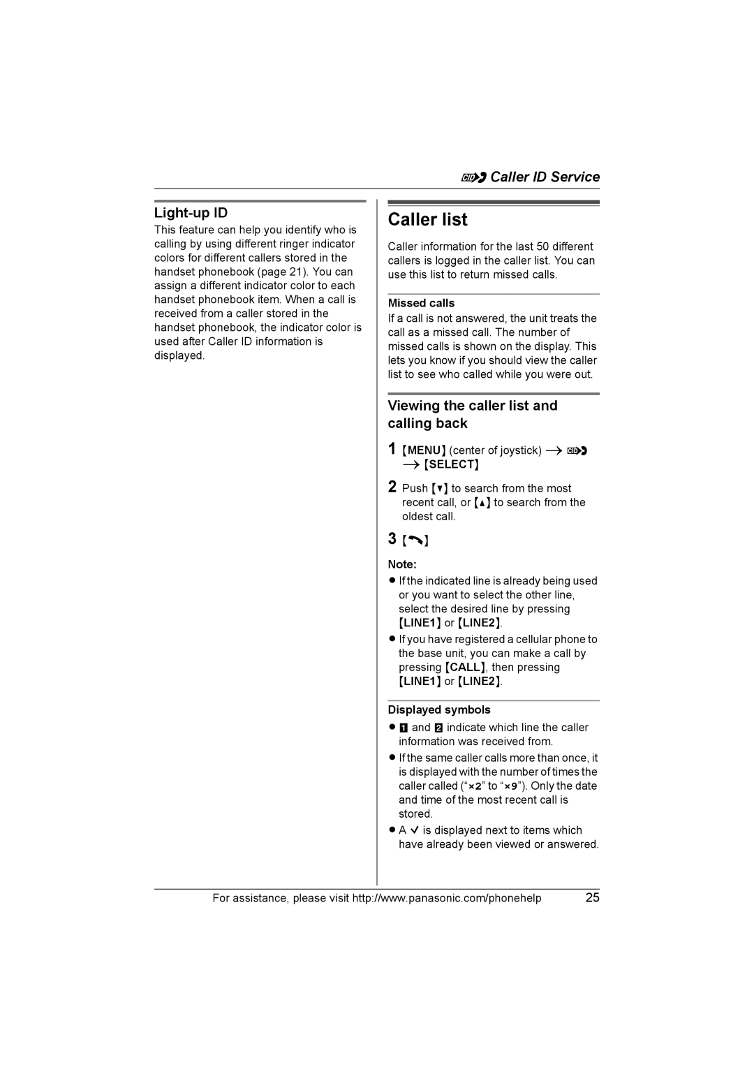 Panasonic KX-THA11 Caller list, Light-up ID, Viewing the caller list and calling back, Missed calls, Displayed symbols 