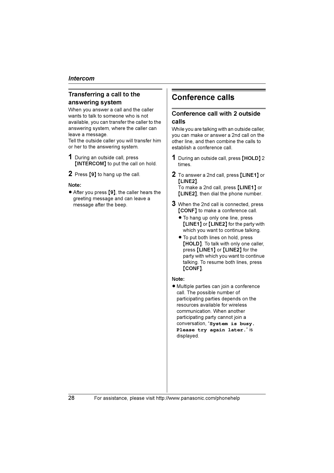 Panasonic KX-THA11 Conference calls, Transferring a call to the answering system, Conference call with 2 outside calls 