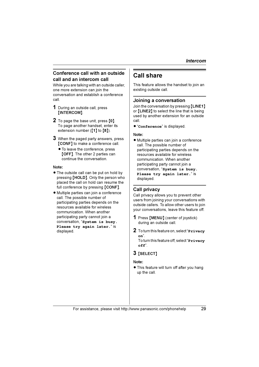 Panasonic KX-THA11 operating instructions Call share, Joining a conversation, Call privacy 