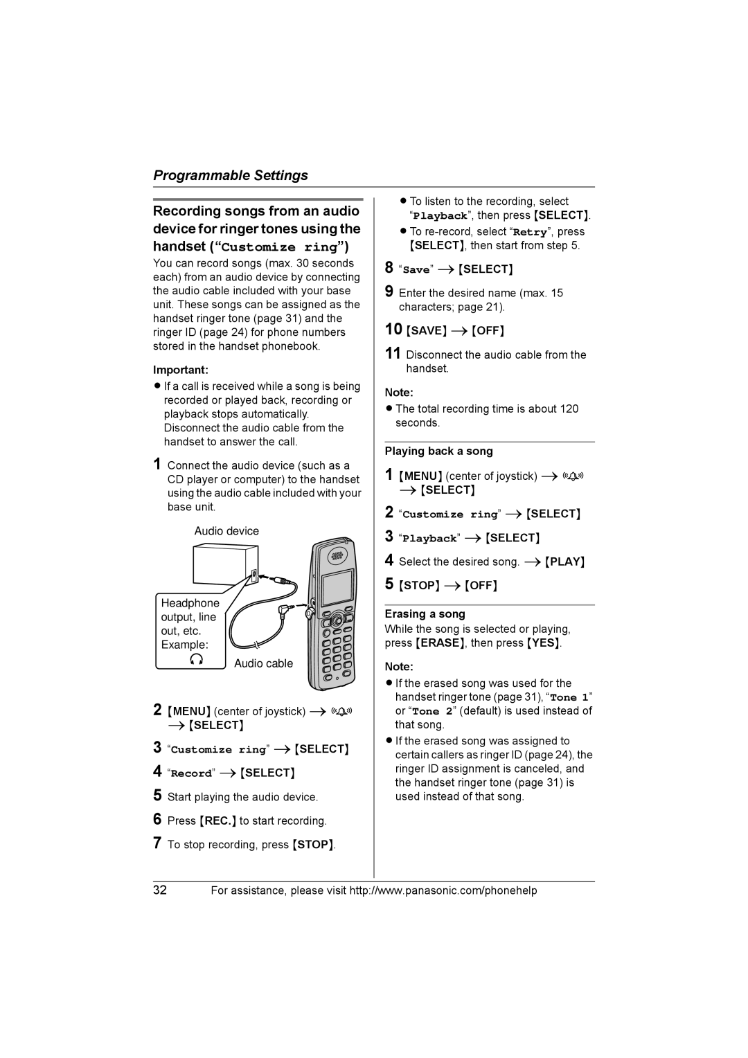 Panasonic KX-THA11 Playing back a song, Customize ring iSELECT Playback iSELECT, Stop iOFF Erasing a song 