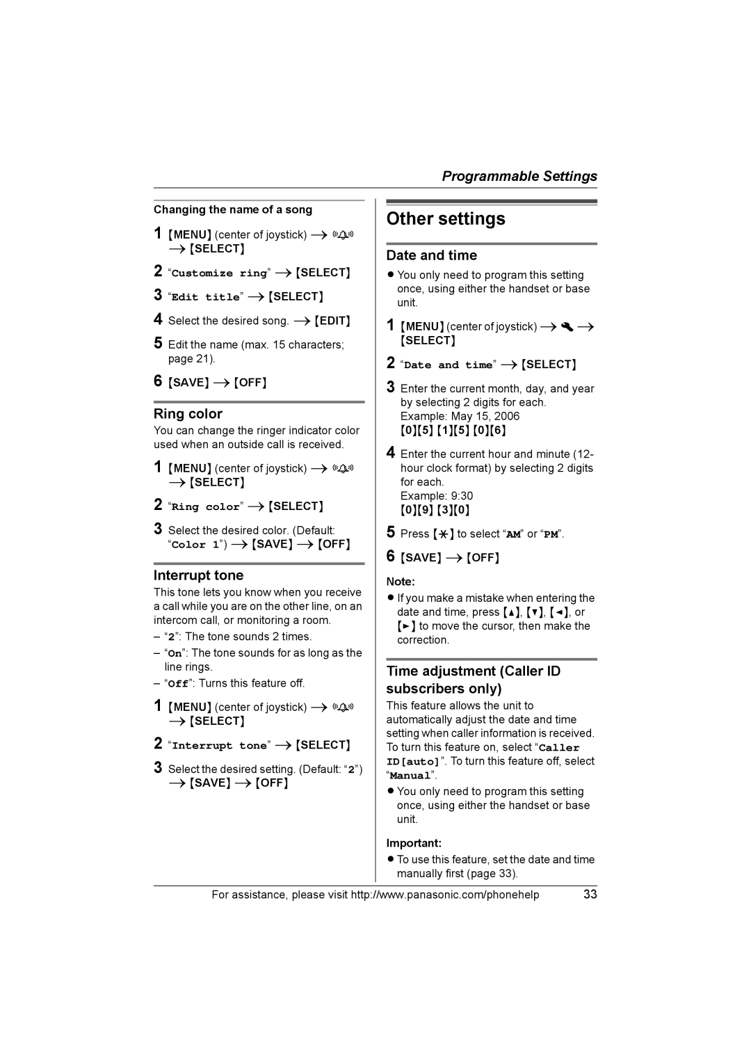 Panasonic KX-THA11 Other settings, Ring color, Interrupt tone, Date and time, Time adjustment Caller ID subscribers only 