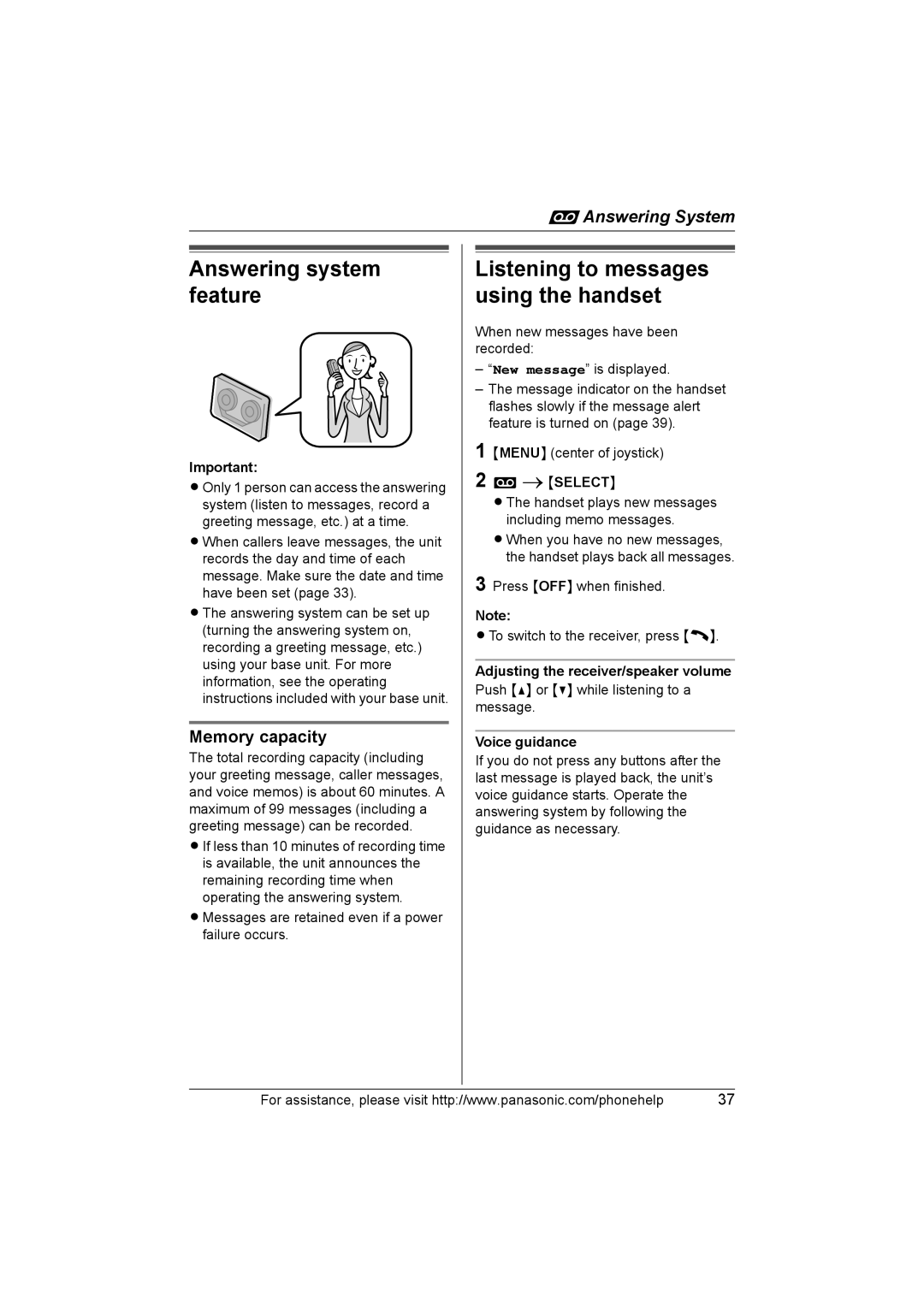 Panasonic KX-THA11 Answering system feature, Memory capacity, IiSELECT, Adjusting the receiver/speaker volume 