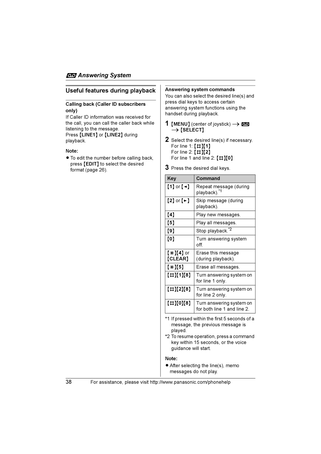 Panasonic KX-THA11 Useful features during playback, Calling back Caller ID subscribers only, Answering system commands 