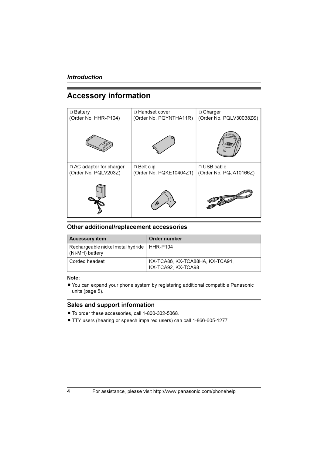 Panasonic KX-THA11 Accessory information, Other additional/replacement accessories, Sales and support information 