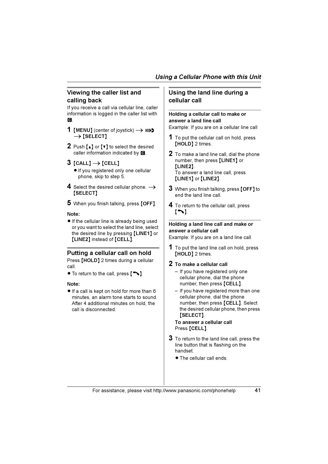 Panasonic KX-THA11 Using the land line during a cellular call, Holding a cellular call to make or answer a land line call 