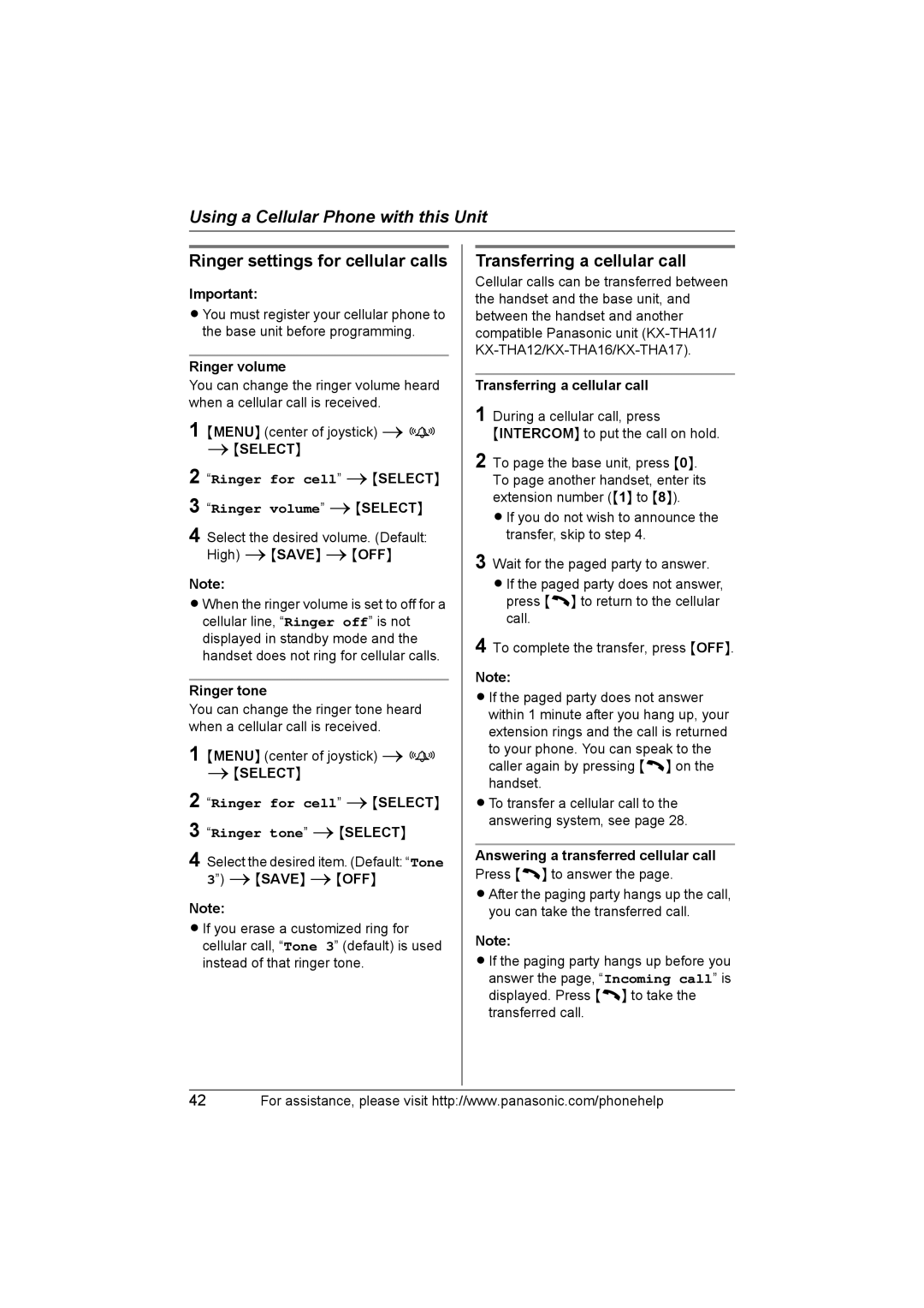 Panasonic KX-THA11 operating instructions Ringer settings for cellular calls, Transferring a cellular call 