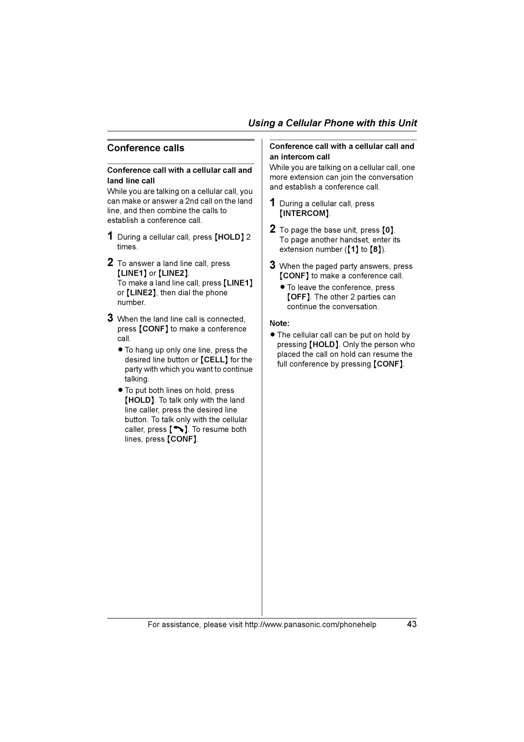 Panasonic KX-THA11 operating instructions Conference calls, Conference call with a cellular call and land line call 