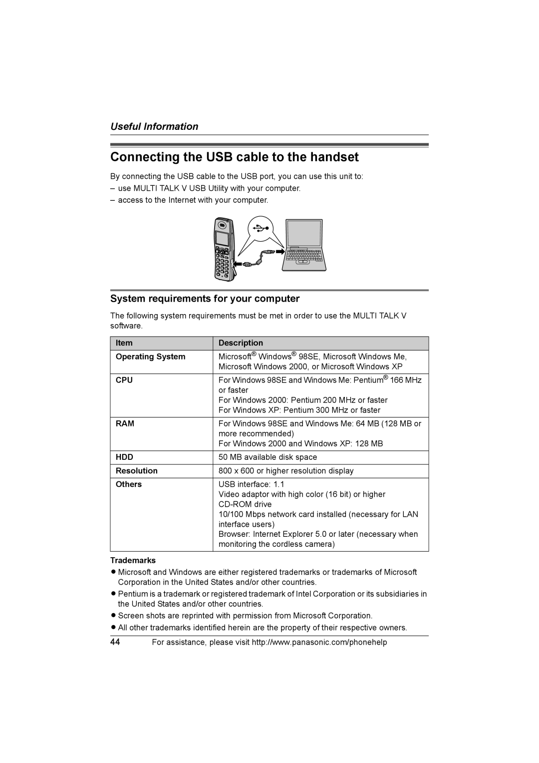 Panasonic KX-THA11 Connecting the USB cable to the handset, System requirements for your computer, Cpu, Ram, Hdd 