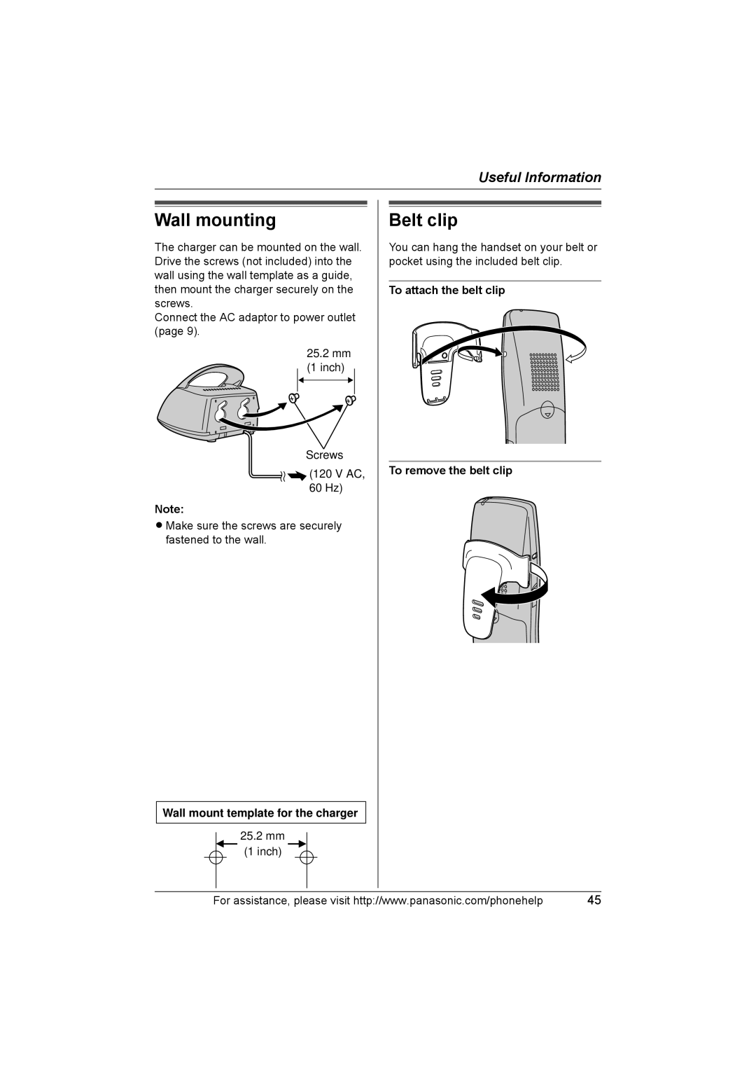 Panasonic KX-THA11 operating instructions Wall mounting, Belt clip, Wall mount template for the charger 