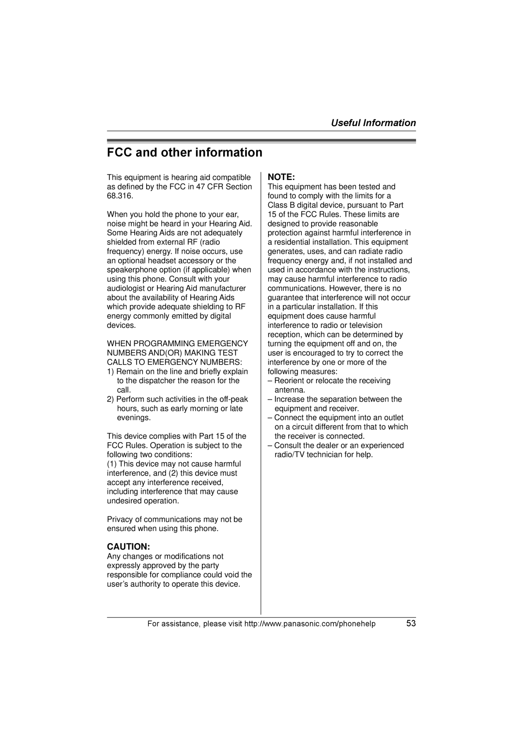 Panasonic KX-THA11 operating instructions FCC and other information 