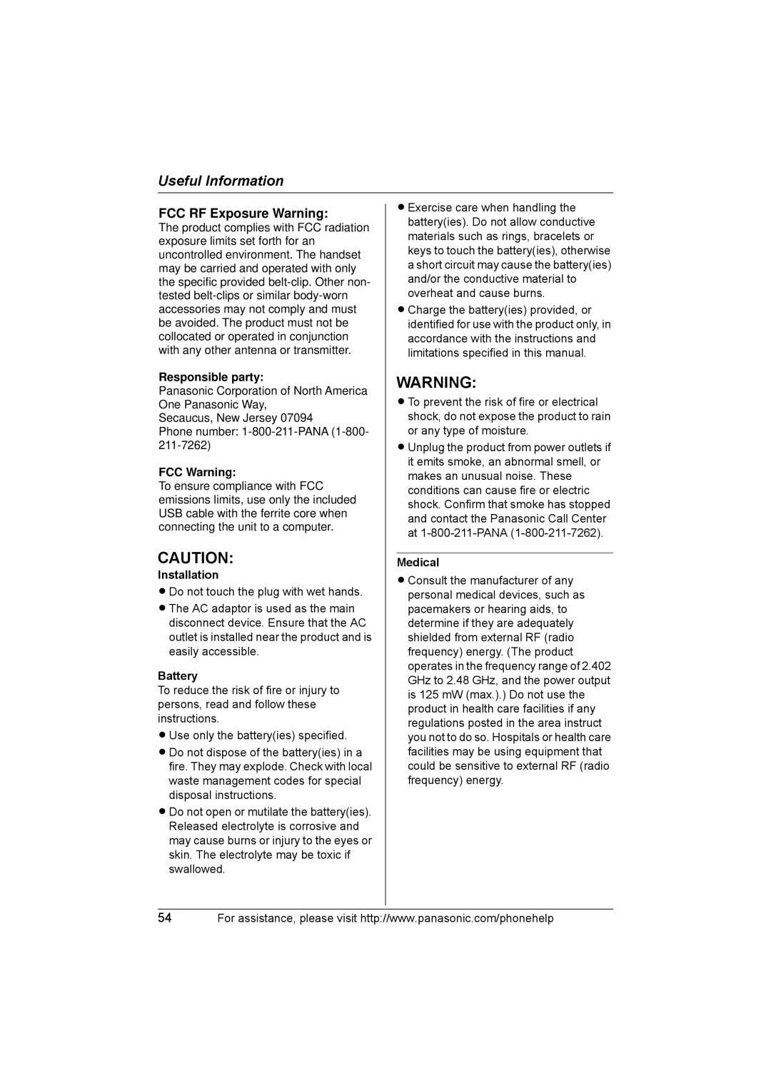 Panasonic KX-THA11 operating instructions Responsible party, FCC Warning, Installation, Battery, Medical 