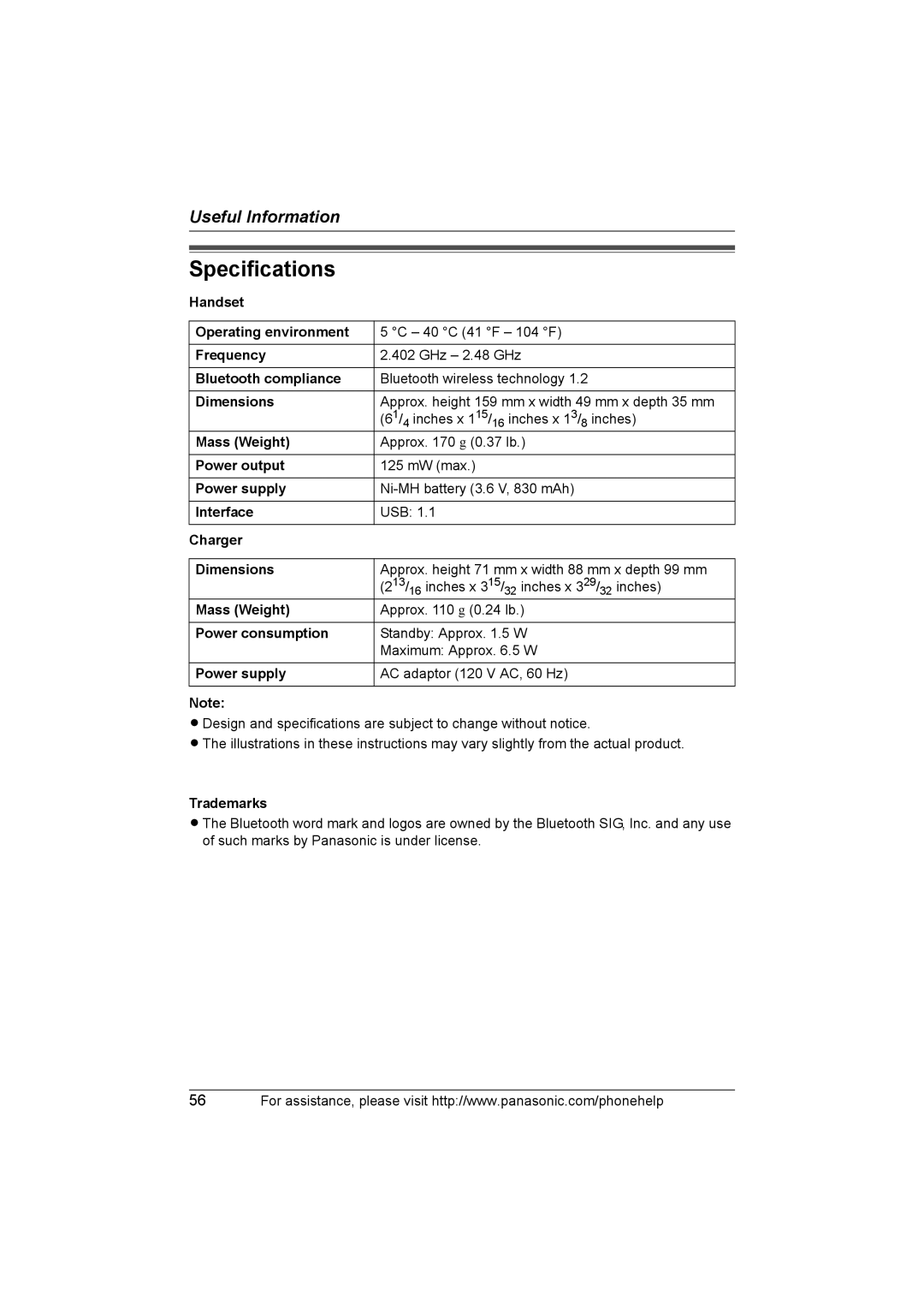 Panasonic KX-THA11 operating instructions Specifications 