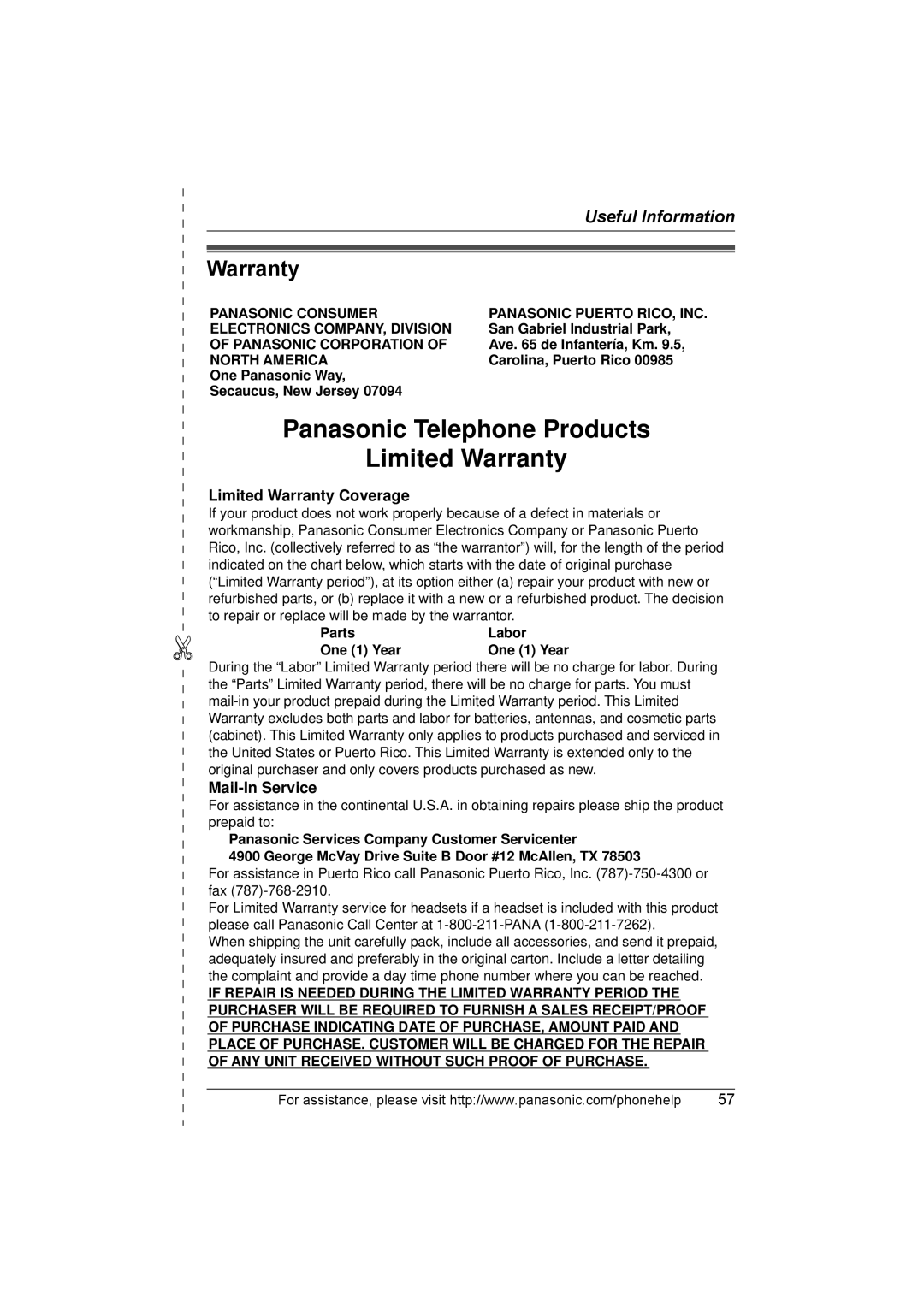 Panasonic KX-THA11 operating instructions Warranty, Panasonic Corporation, North America 