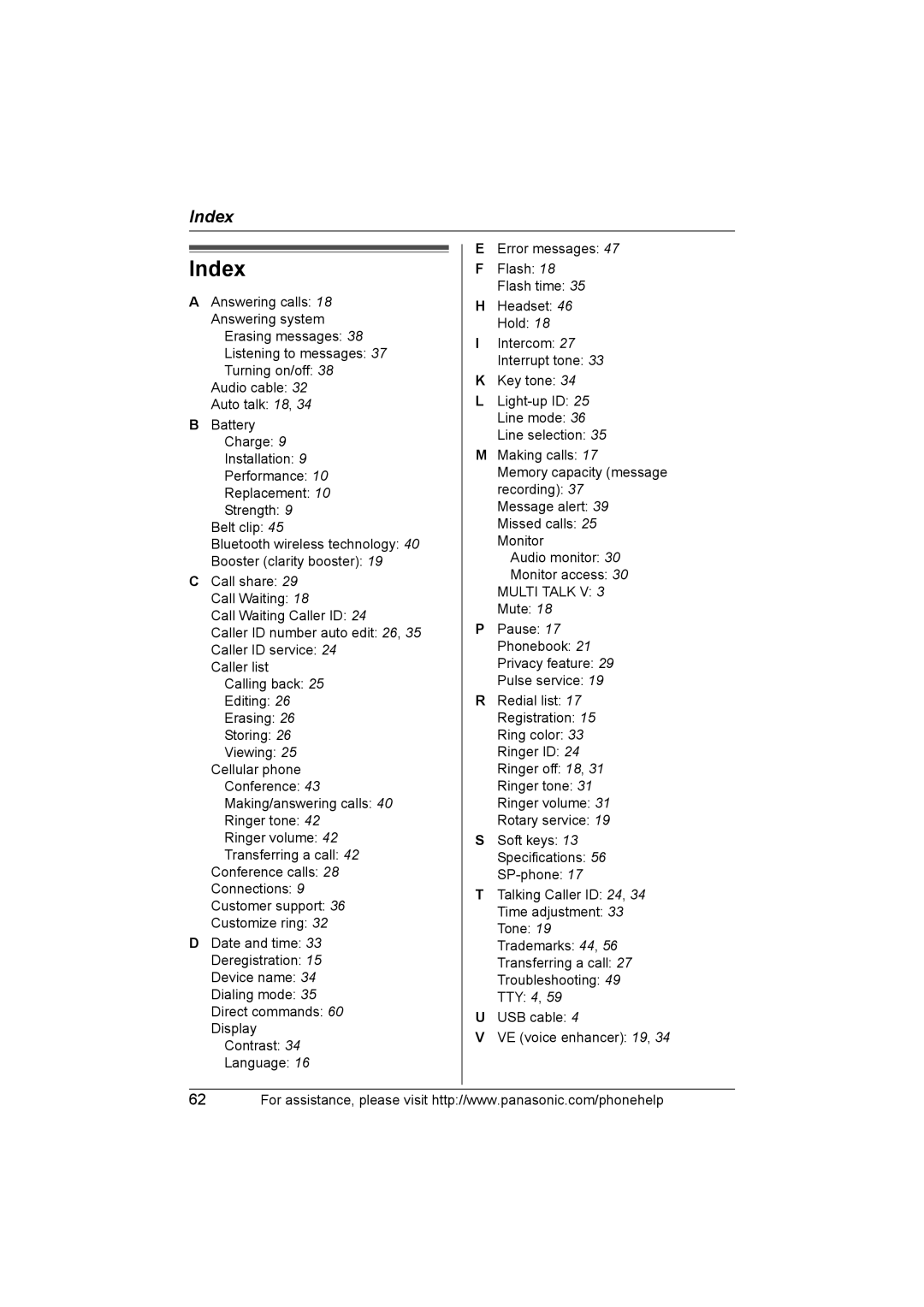 Panasonic KX-THA11 operating instructions Index, Multi Talk V 