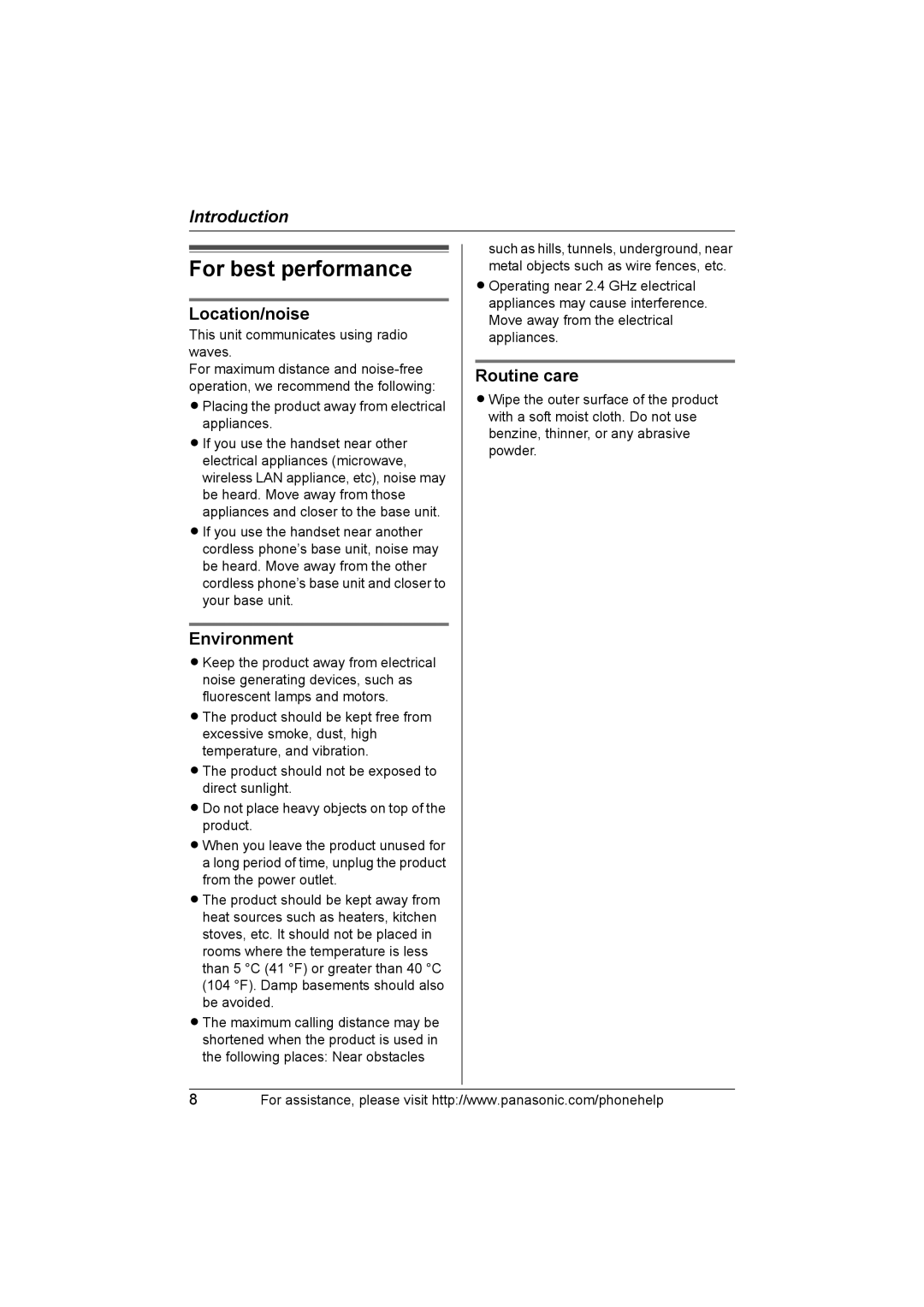 Panasonic KX-THA11 operating instructions For best performance, Location/noise, Environment, Routine care 