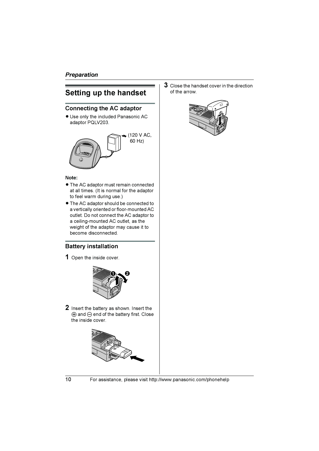 Panasonic KX-THA12, KX-THA17 operating instructions Setting up the handset, Connecting the AC adaptor, Battery installation 