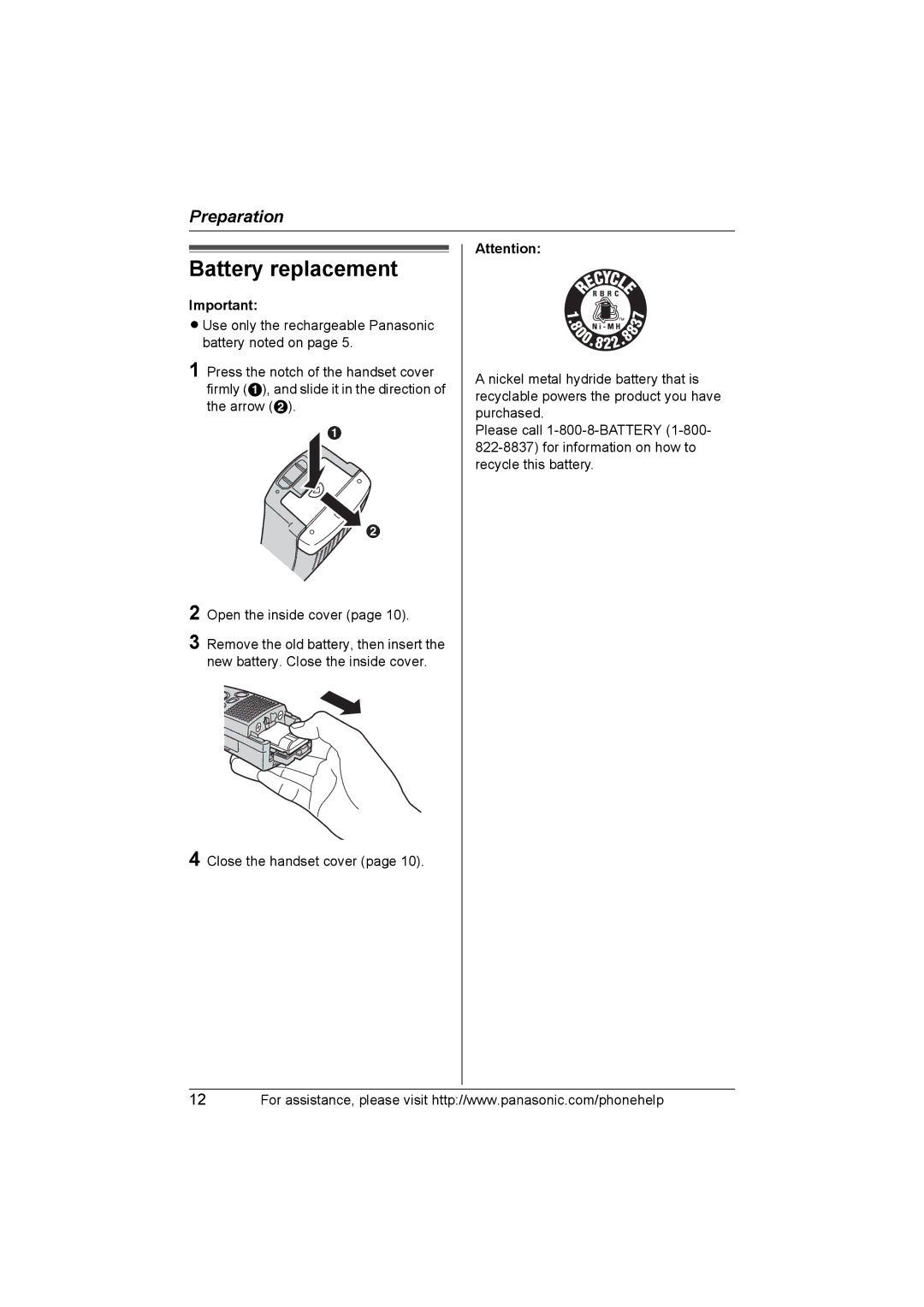 Panasonic KX-THA12, KX-THA17 operating instructions Battery replacement 