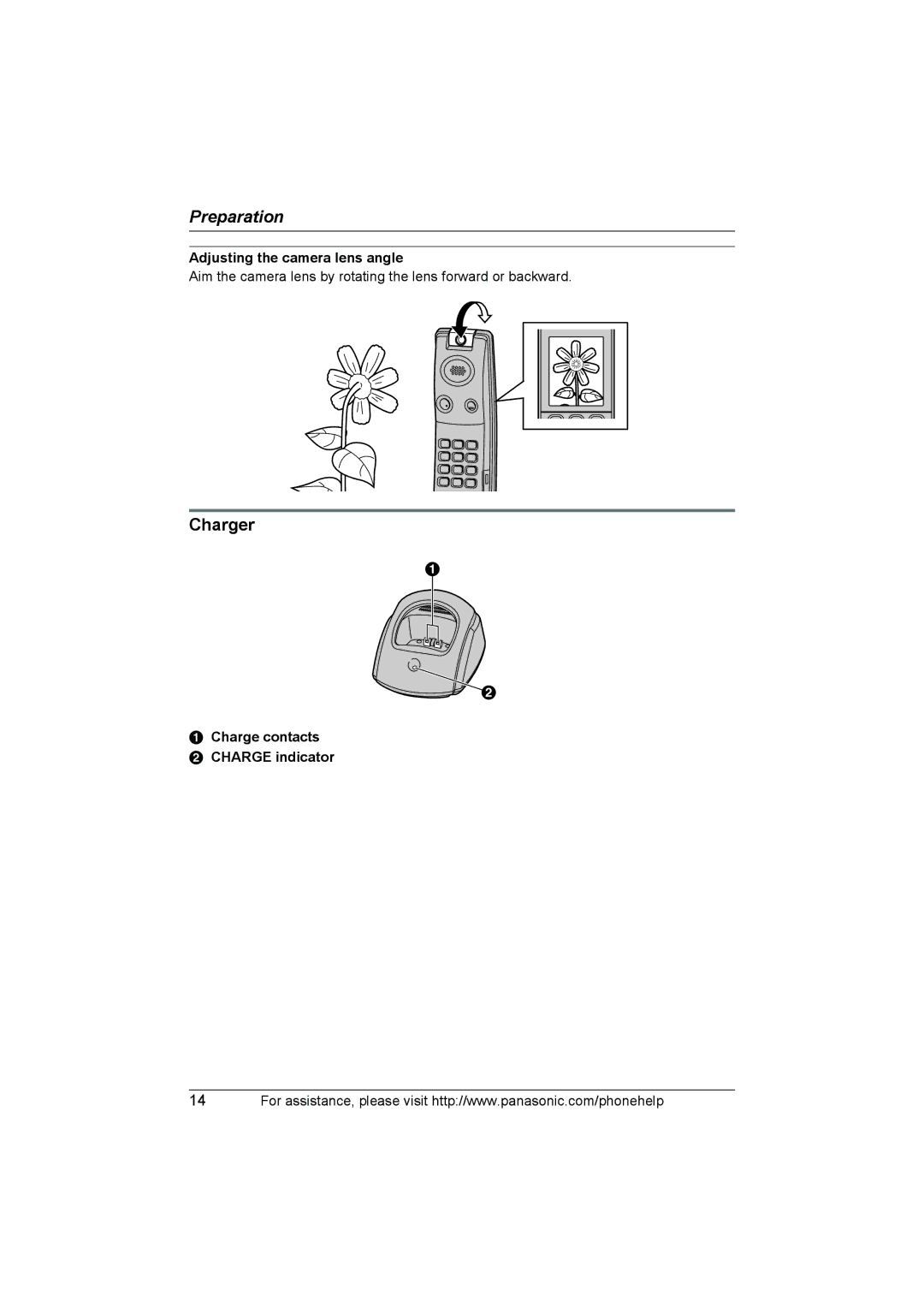 Panasonic KX-THA12, KX-THA17 Charger, Adjusting the camera lens angle, Charge contacts Charge indicator 