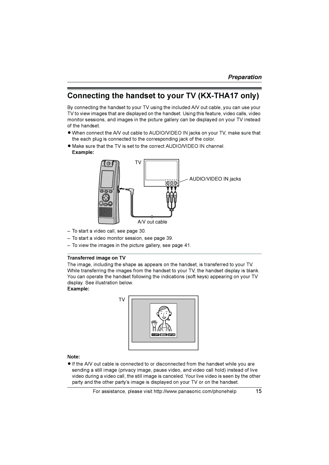 Panasonic KX-THA12 Connecting the handset to your TV KX-THA17 only, Example, Transferred image on TV 