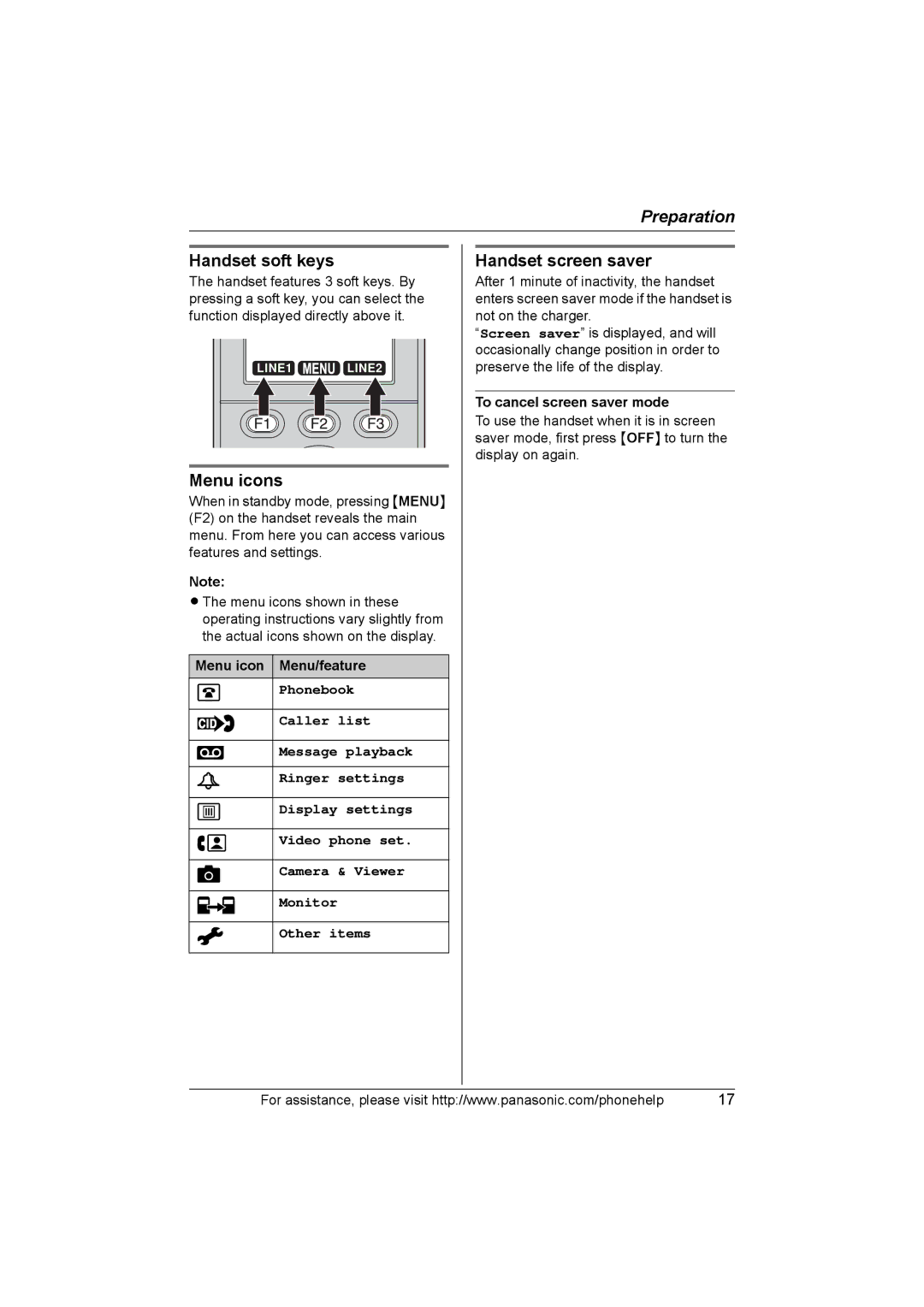 Panasonic KX-THA17, KX-THA12 operating instructions Handset soft keys, Menu icons, Handset screen saver 