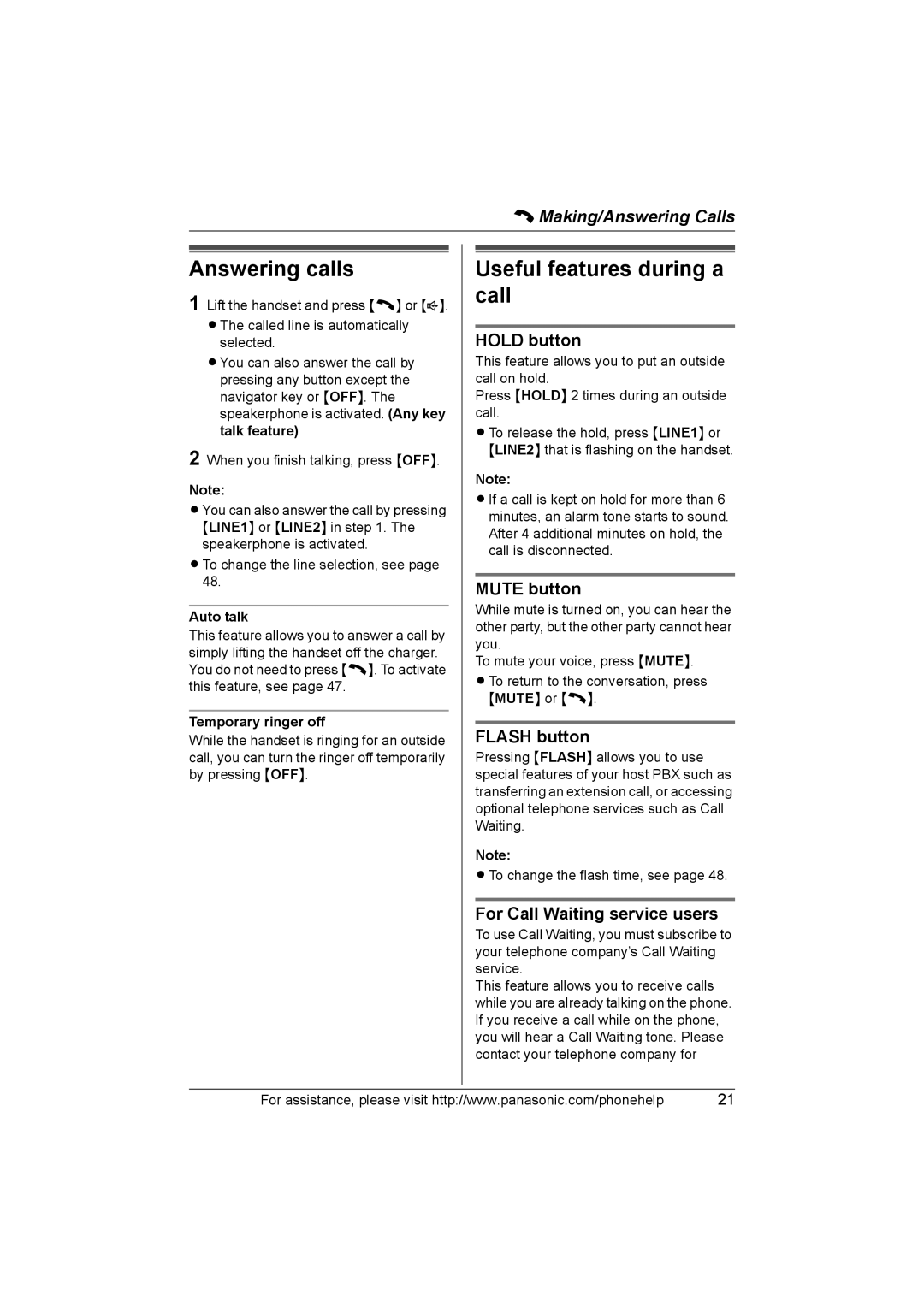 Panasonic KX-THA17, KX-THA12 operating instructions Answering calls, Useful features during a call 