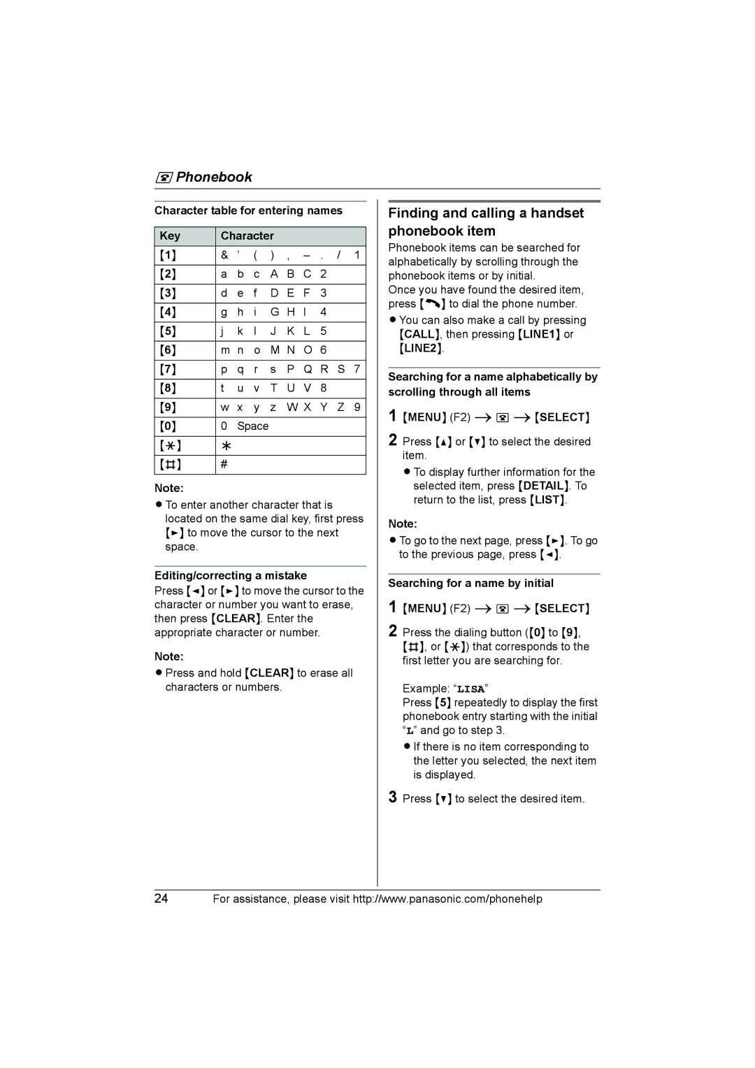 Panasonic KX-THA12, KX-THA17 Finding and calling a handset phonebook item, Character table for entering names Key 