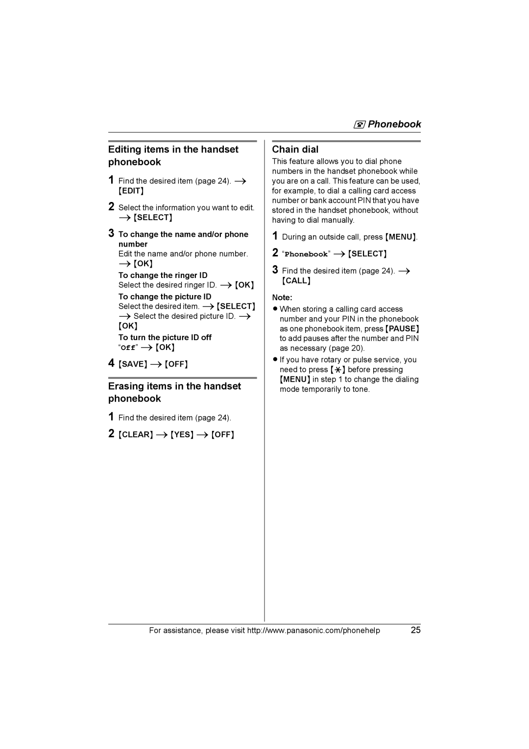 Panasonic KX-THA17, KX-THA12 Editing items in the handset phonebook, Erasing items in the handset phonebook, Chain dial 