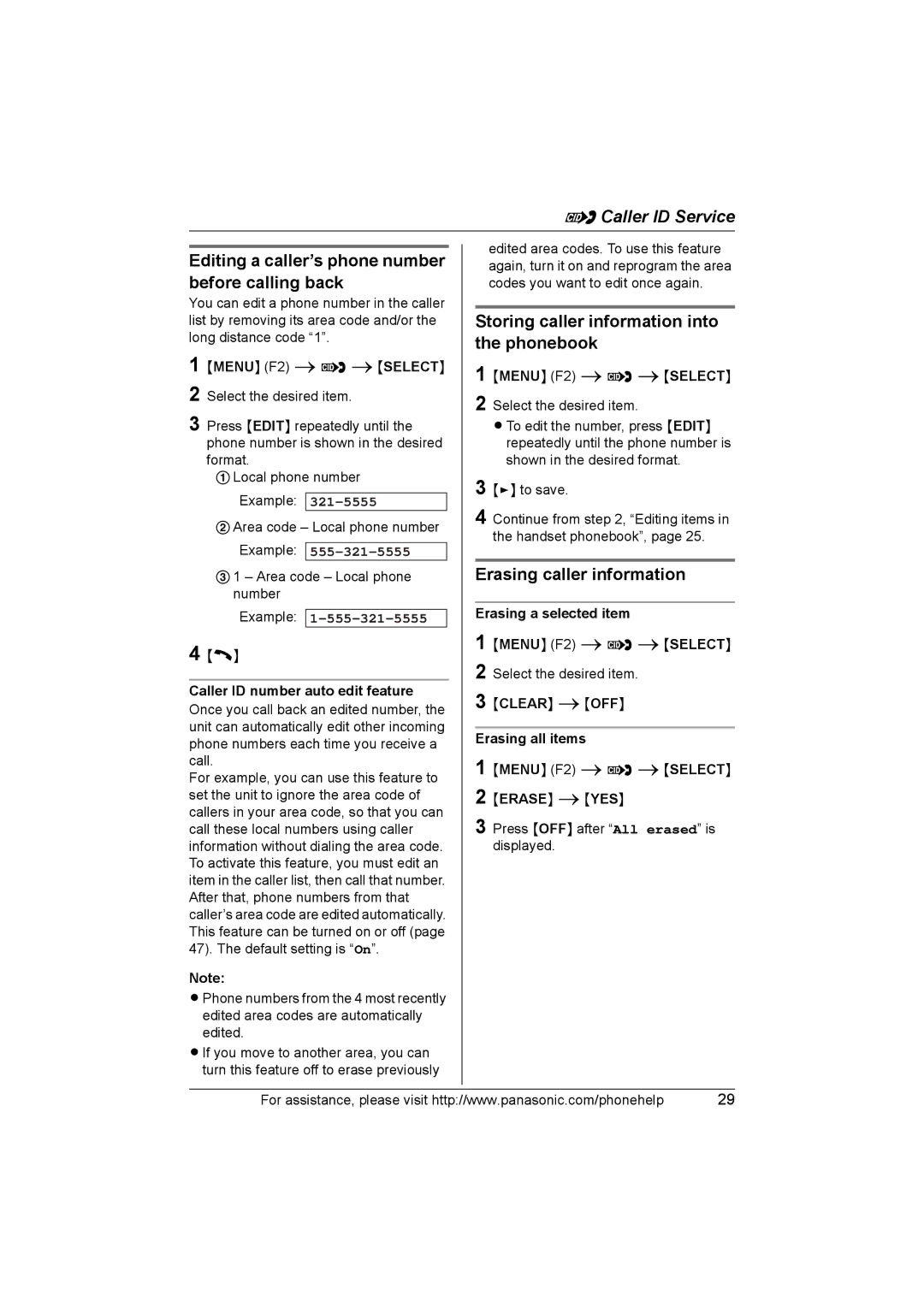 Panasonic KX-THA17, KX-THA12 Editing a caller’s phone number before calling back, 321-5555, Erasing all items, Erase iYES 