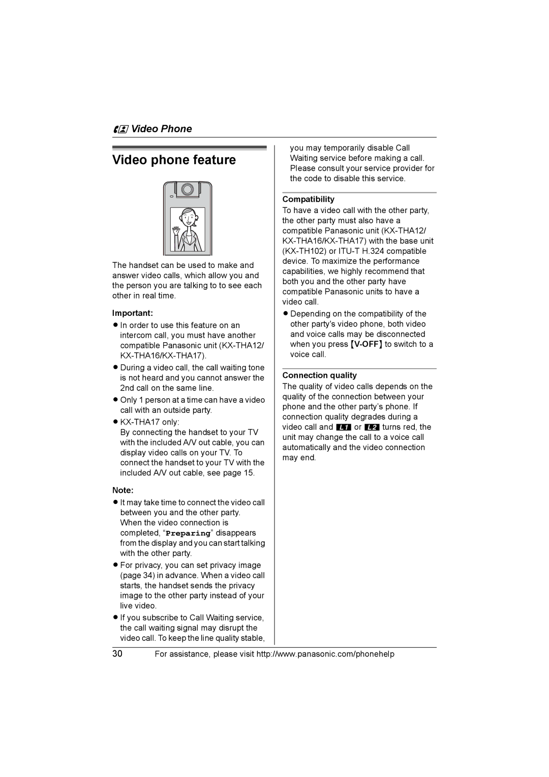 Panasonic KX-THA12, KX-THA17 operating instructions Video phone feature, Compatibility, Connection quality 