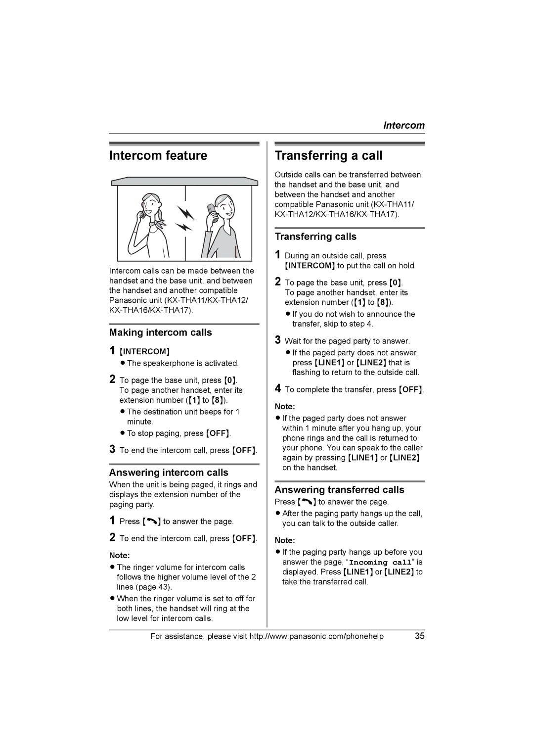 Panasonic KX-THA17, KX-THA12 operating instructions Intercom feature, Transferring a call 