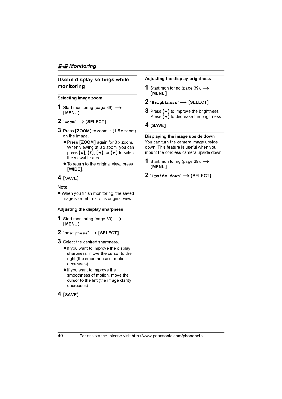 Panasonic KX-THA12, KX-THA17 Useful display settings while monitoring, Start monitoring page 39, Sharpness iSELECT 