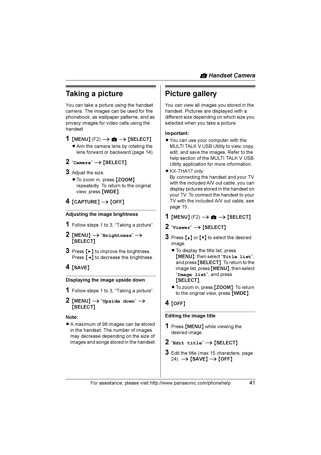 Panasonic KX-THA17, KX-THA12 operating instructions Taking a picture, Picture gallery, Edit title iSELECT 