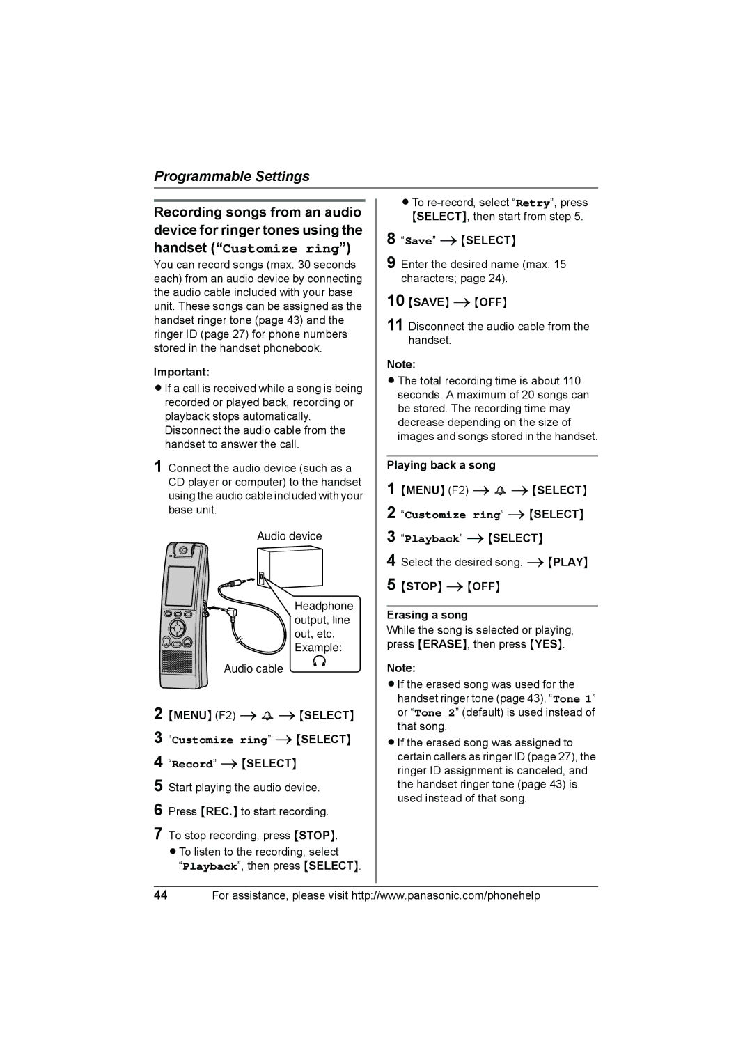 Panasonic KX-THA12 Disconnect the audio cable from the handset, Playing back a song, Select the desired song. iPLAY 