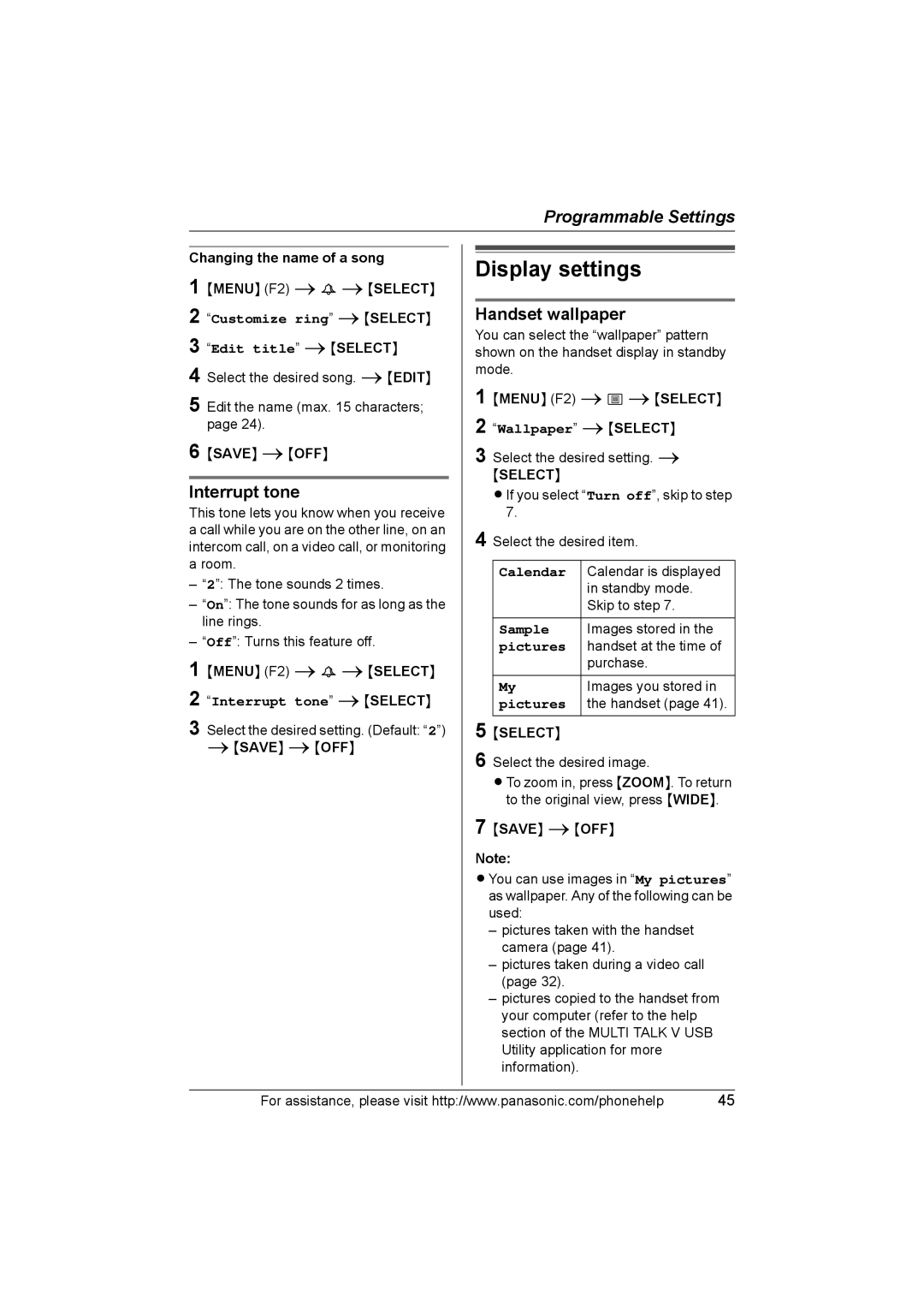 Panasonic KX-THA17, KX-THA12 Display settings, Handset wallpaper, Interrupt tone iSELECT, Calendar 