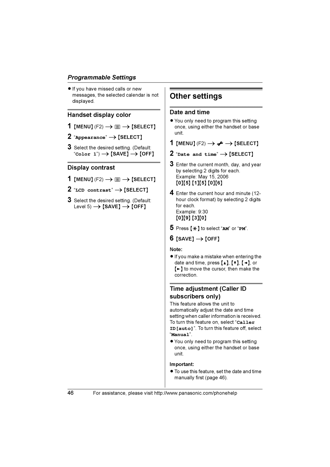 Panasonic KX-THA12, KX-THA17 operating instructions Other settings, Handset display color, Display contrast, Date and time 