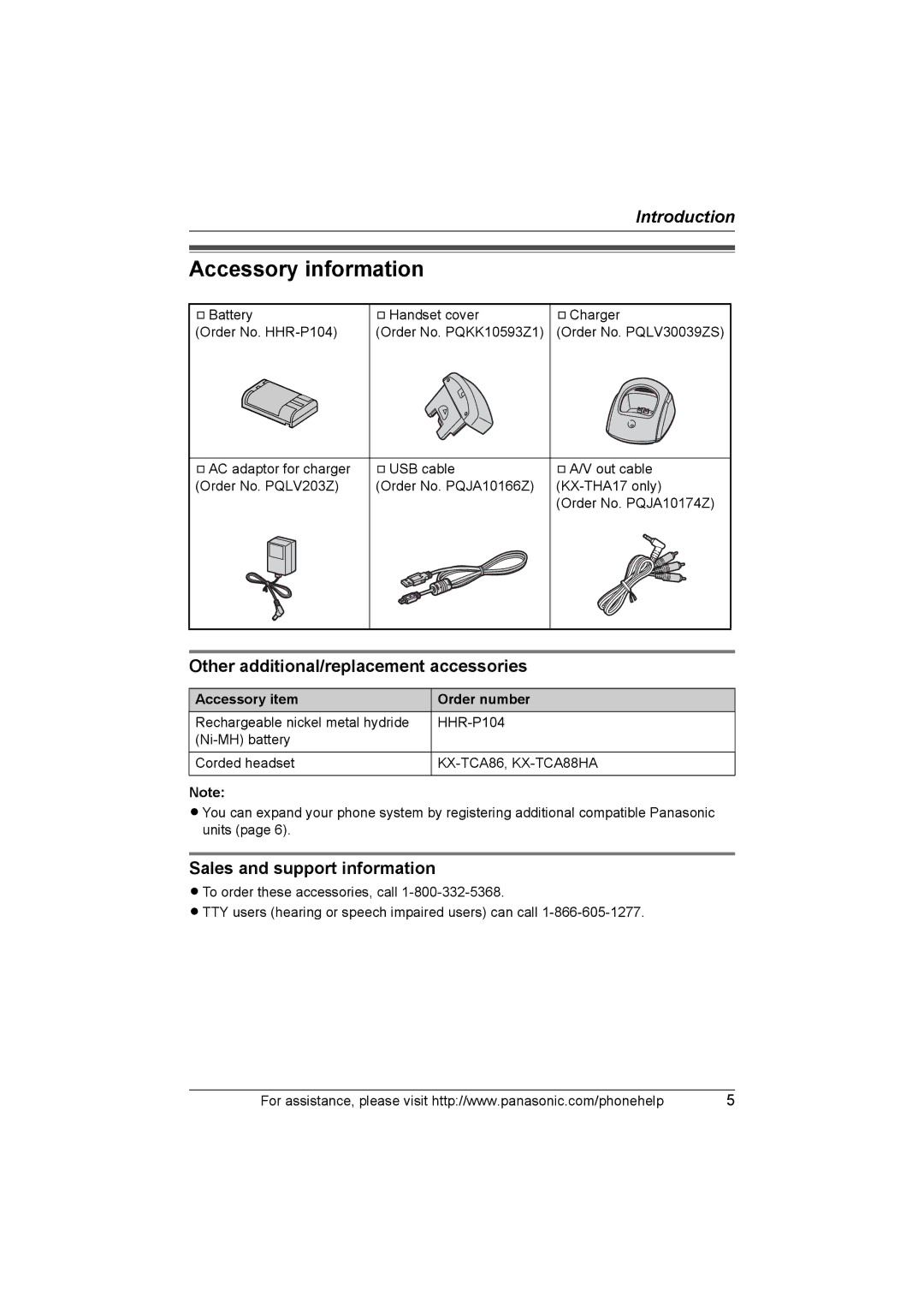 Panasonic KX-THA17 Accessory information, Other additional/replacement accessories, Sales and support information 