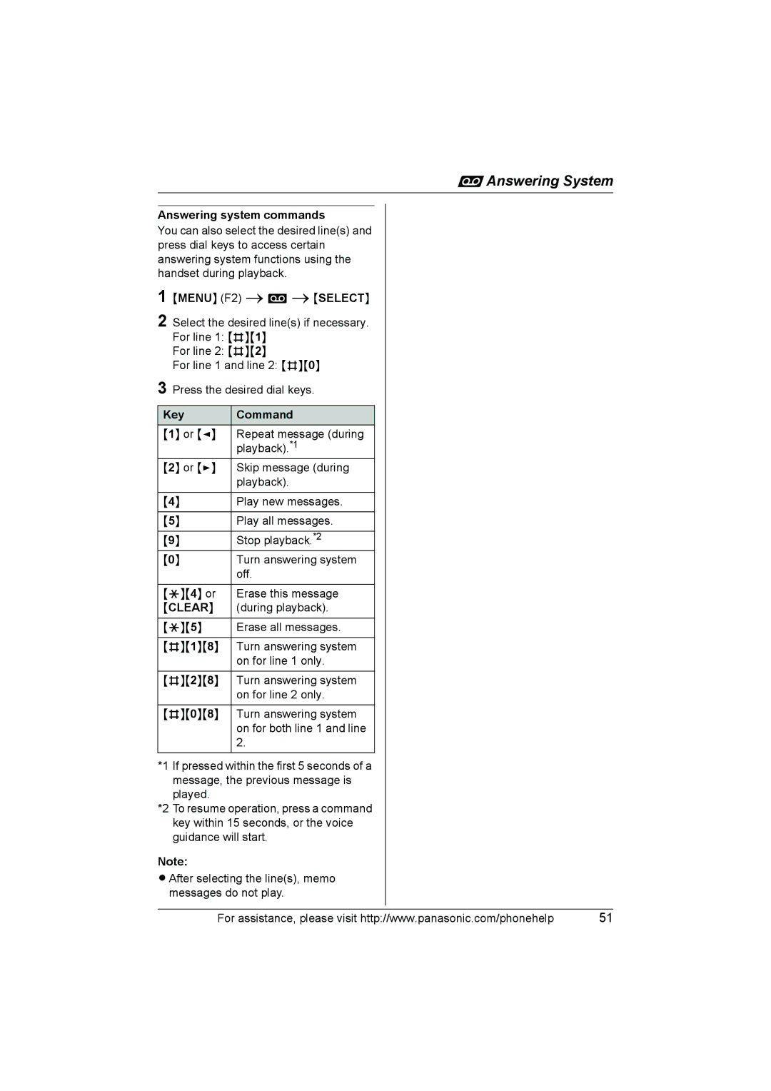 Panasonic KX-THA17, KX-THA12 operating instructions Answering system commands, Key Command, Clear 