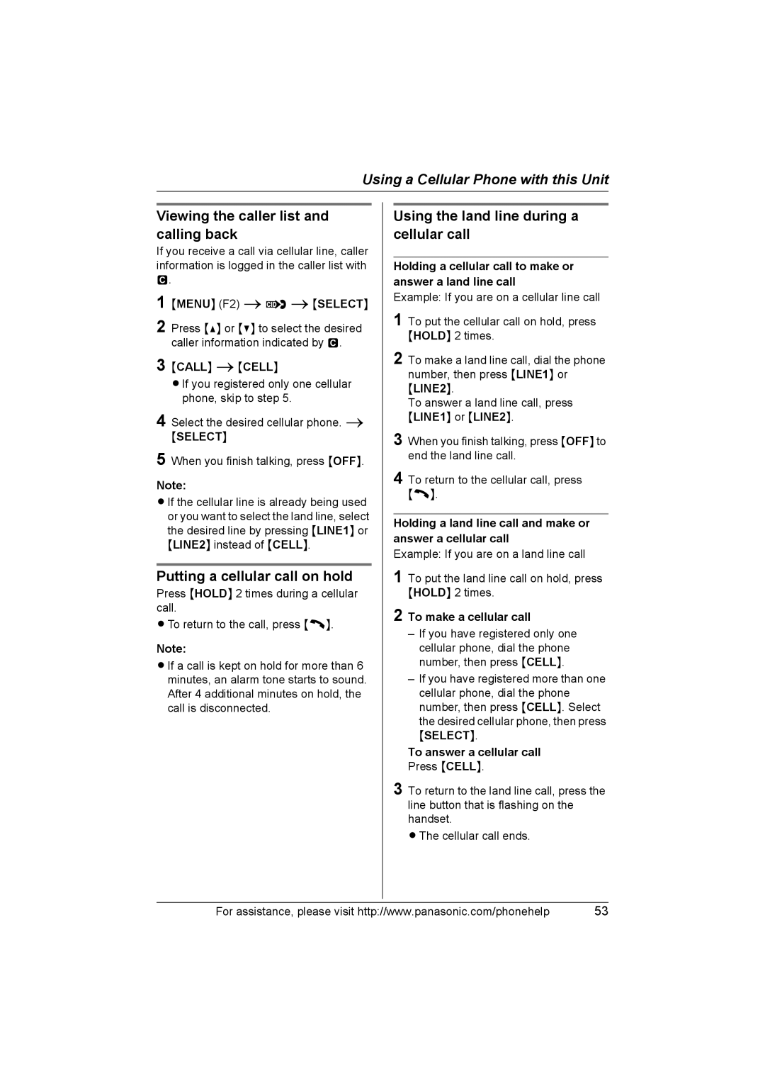 Panasonic KX-THA17, KX-THA12 Putting a cellular call on hold, Using the land line during a cellular call 