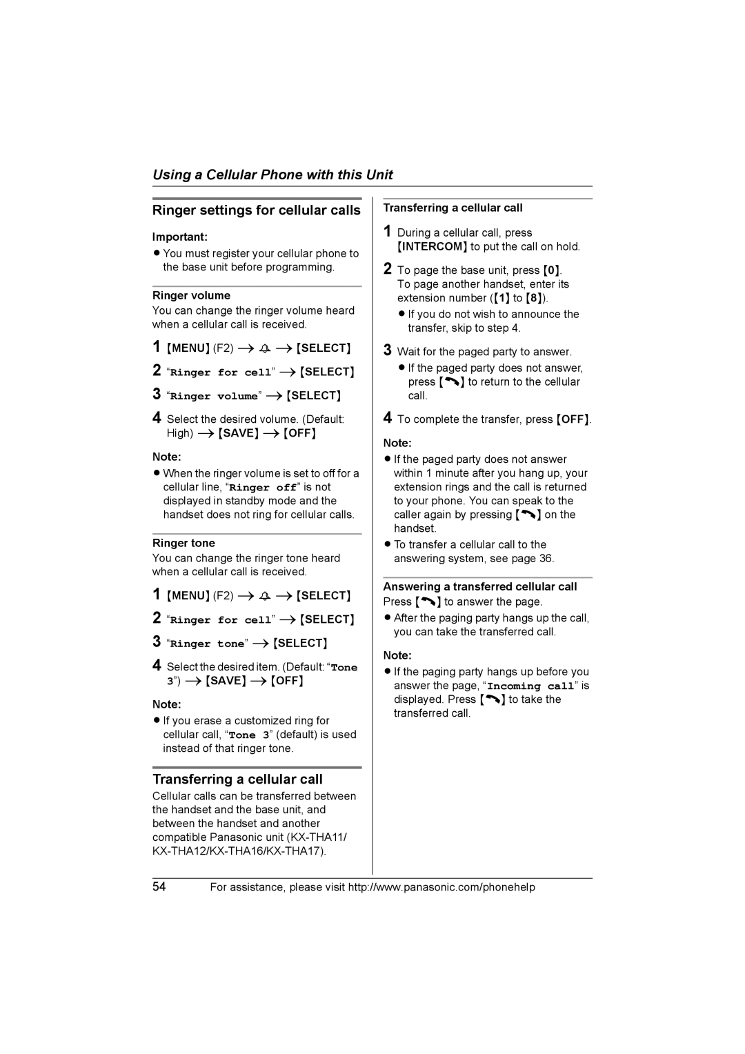 Panasonic KX-THA12, KX-THA17 operating instructions Ringer settings for cellular calls, Transferring a cellular call 