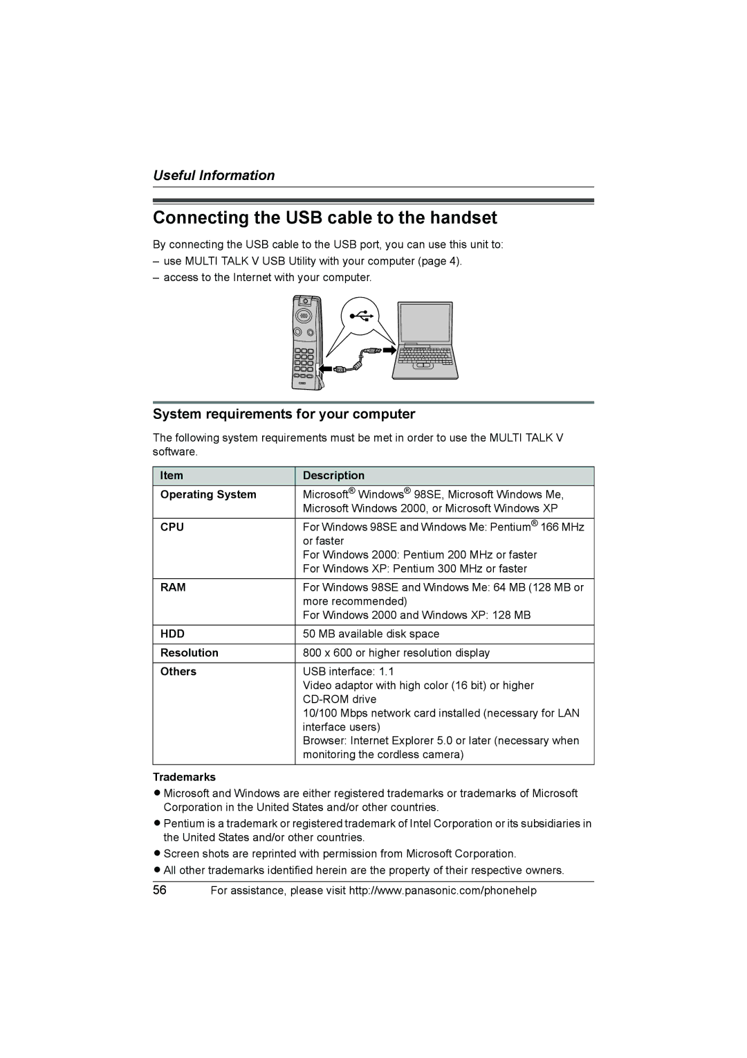 Panasonic KX-THA12, KX-THA17 Connecting the USB cable to the handset, System requirements for your computer, Cpu, Ram, Hdd 