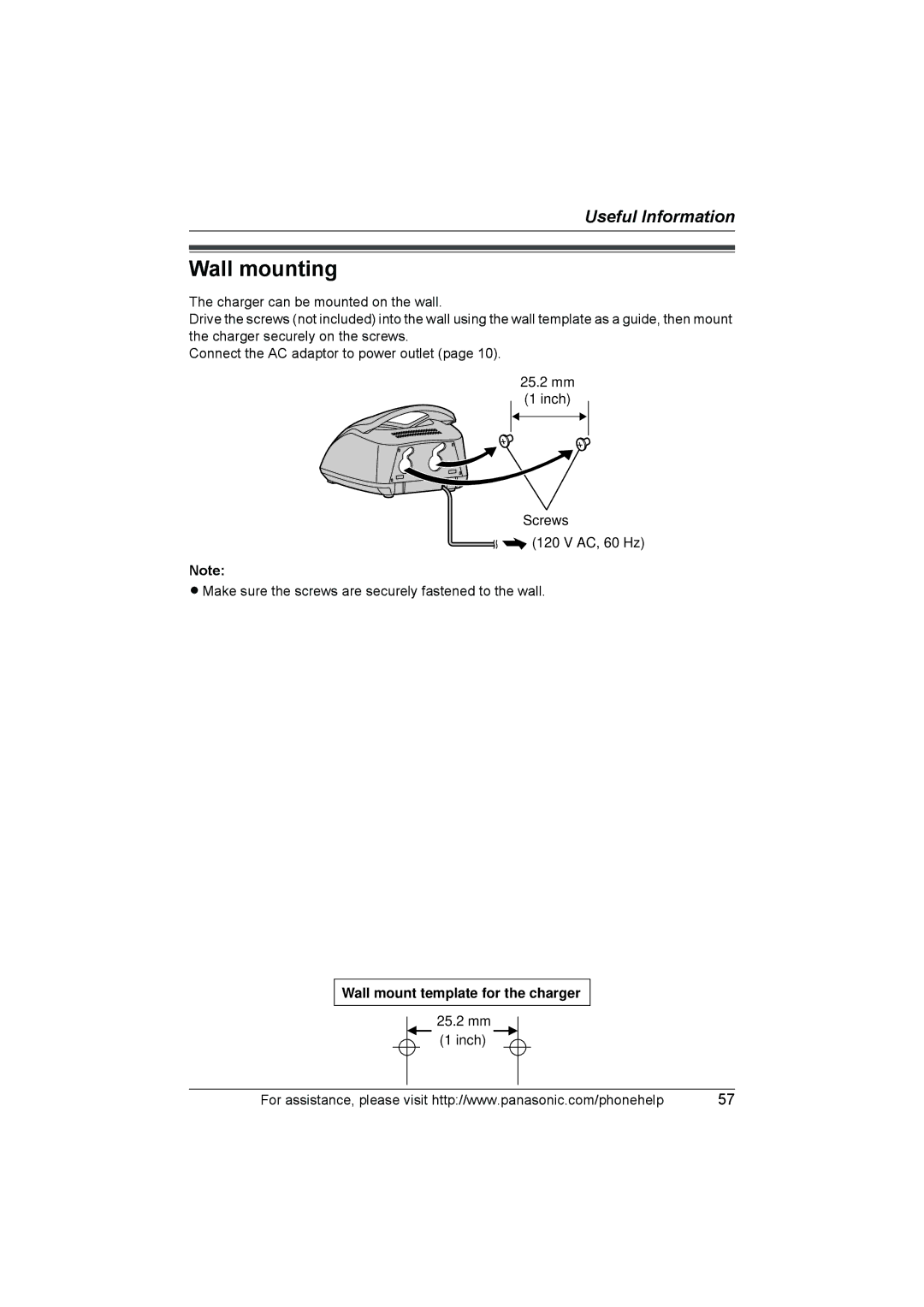 Panasonic KX-THA17, KX-THA12 operating instructions Wall mounting, Wall mount template for the charger, 25.2 mm 1 inch 