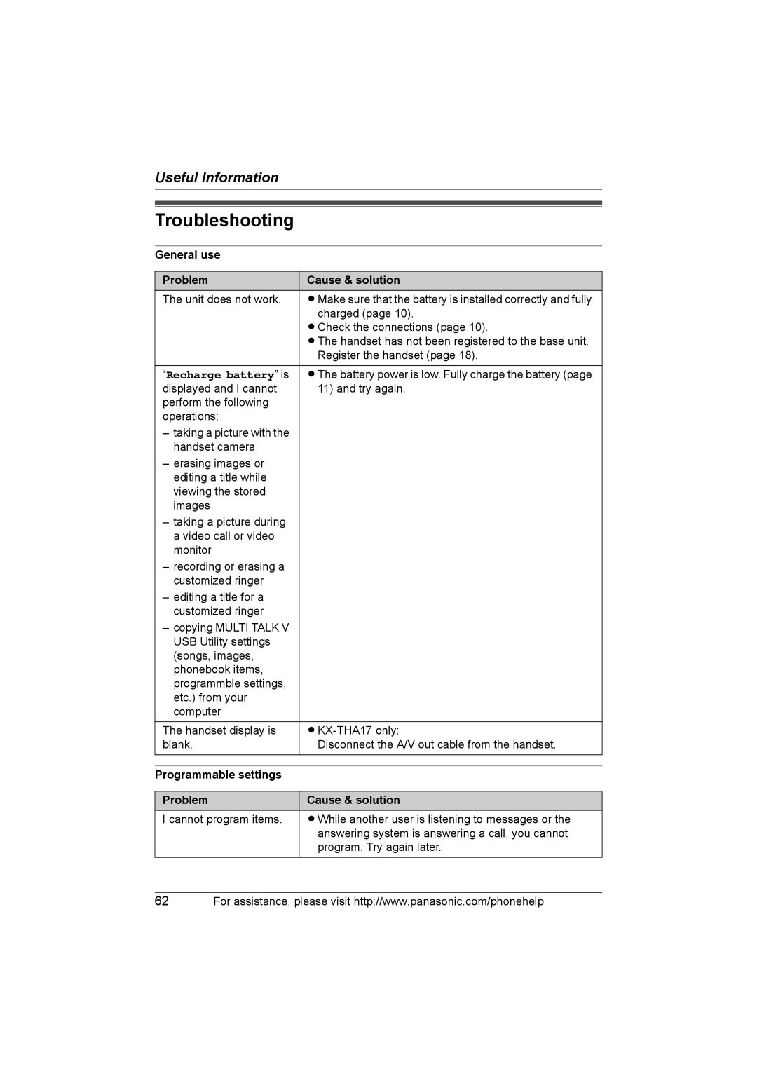 Panasonic KX-THA12, KX-THA17 Troubleshooting, General use Problem Cause & solution, Recharge battery is 