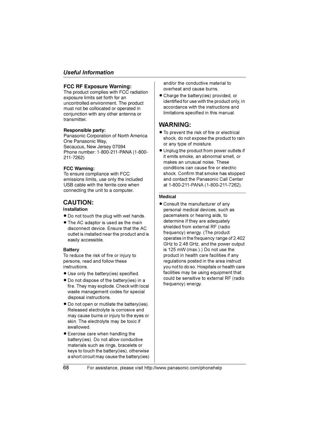 Panasonic KX-THA12, KX-THA17 operating instructions Responsible party, FCC Warning, Installation, Battery, Medical 